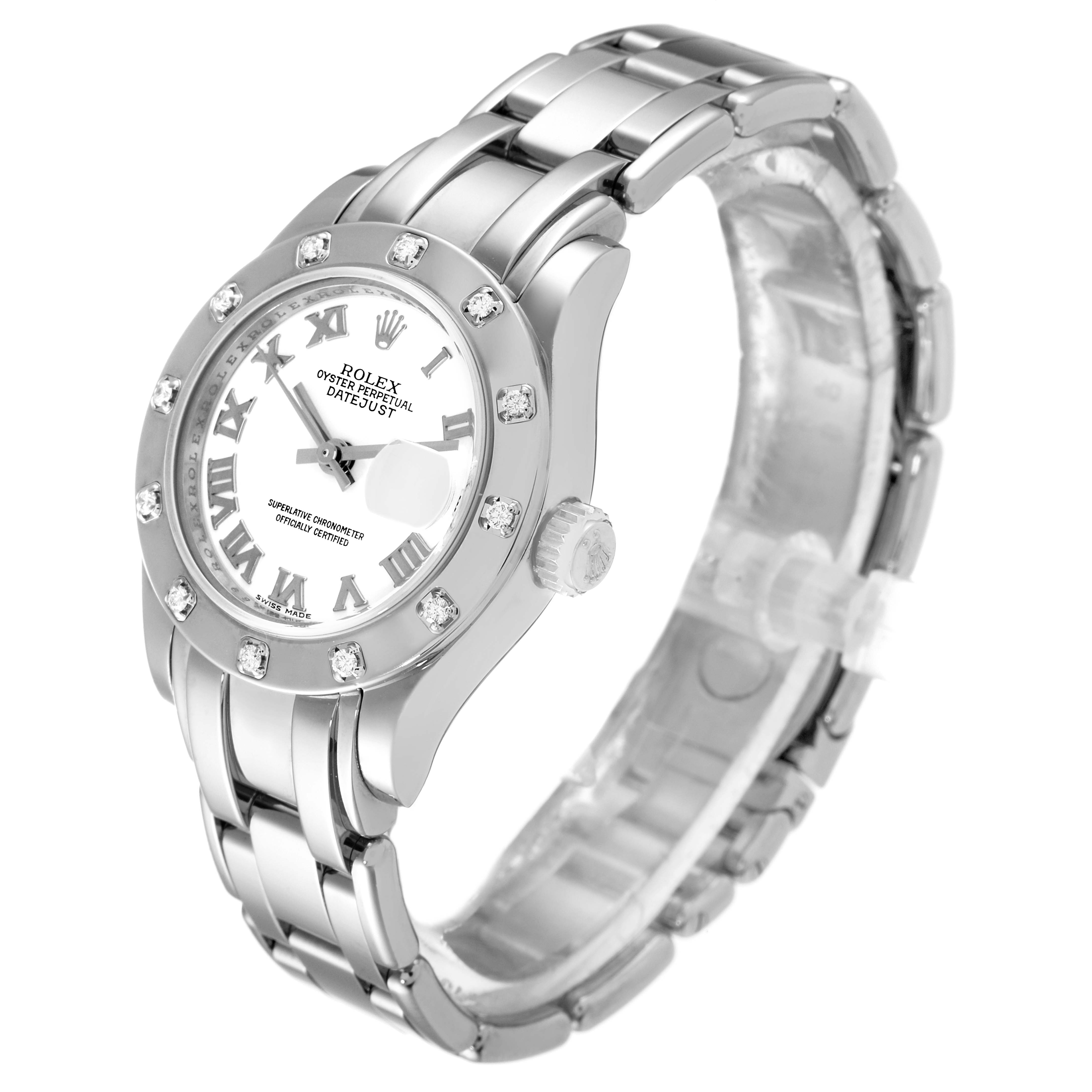 The image shows a Rolex Pearlmaster 80319 Women's White Gold White Dial 80319 Women's White Gold White Dial watch at an angled view, highlighting the face, bezel, crown, and bracelet.