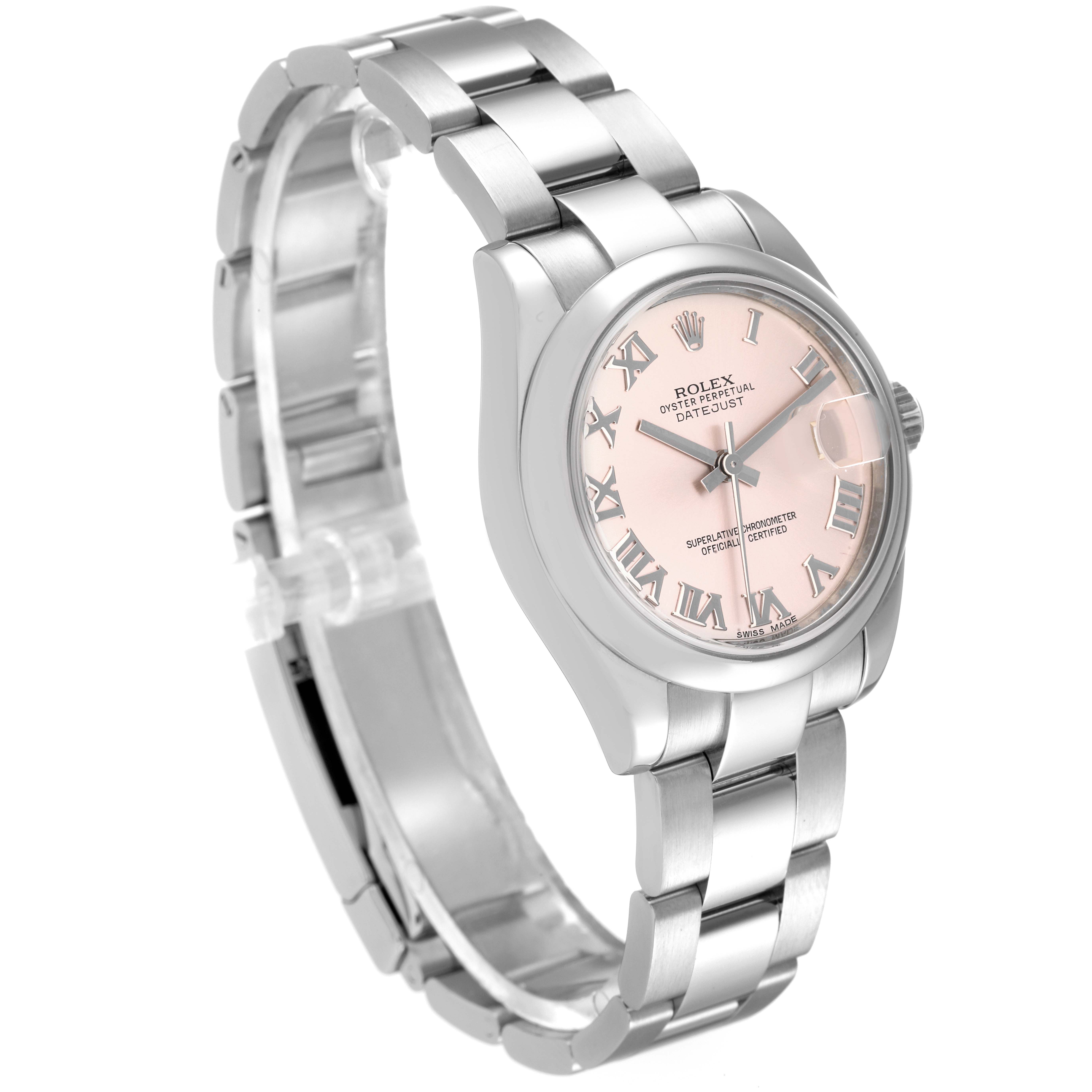 The image shows a Rolex Mid-Size 178240 Women's Stainless Steel Pink Dial 178240 Women's Stainless Steel Pink Dial Datejust watch at a 3/4 angle, featuring its pink dial, Roman numeral markers, and stainless steel bracelet.