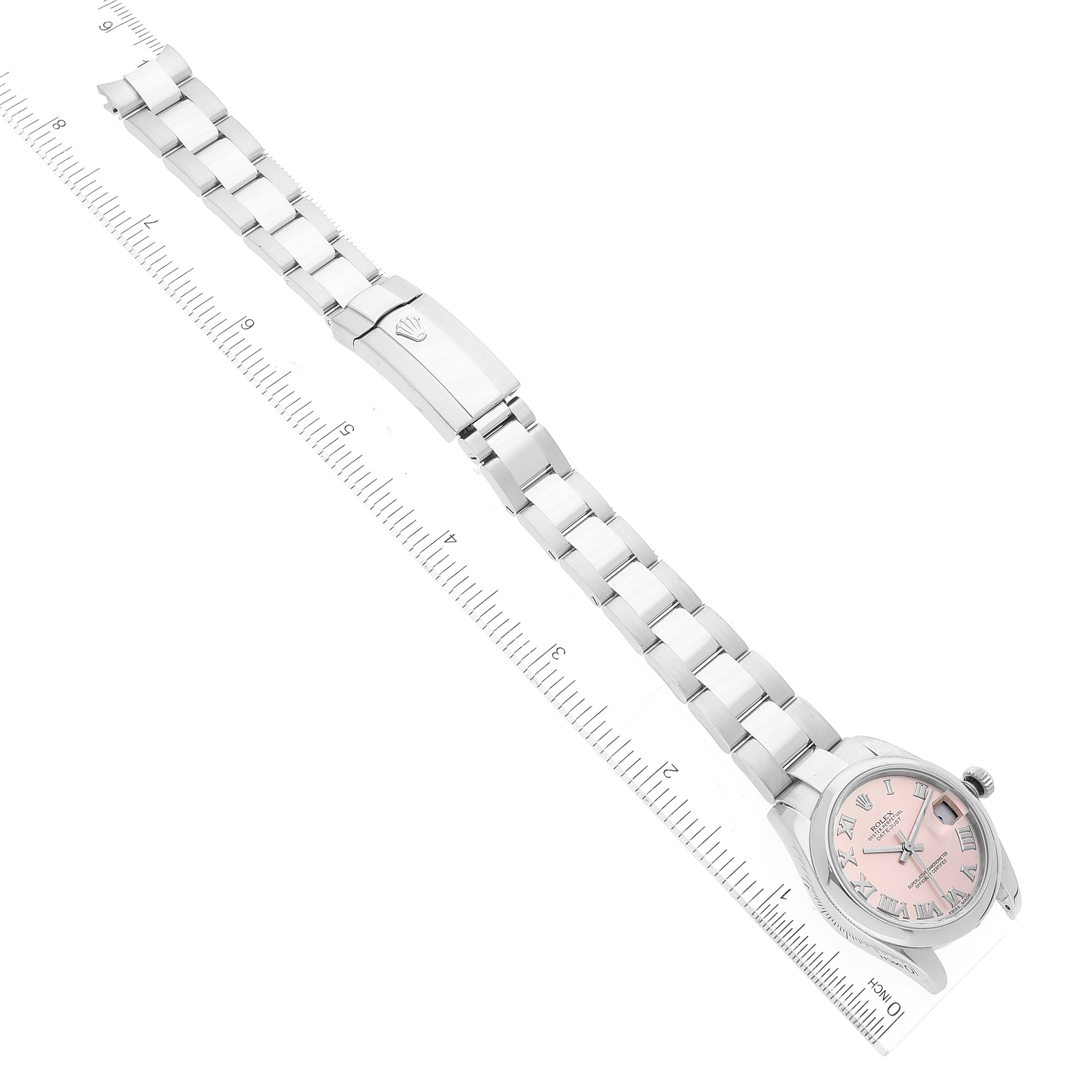 This top-down angle shows the Rolex Mid-Size 178240 Women's Stainless Steel Pink Dial 178240 Women's Stainless Steel Pink Dial model watch, including the face, bracelet, and clasp.