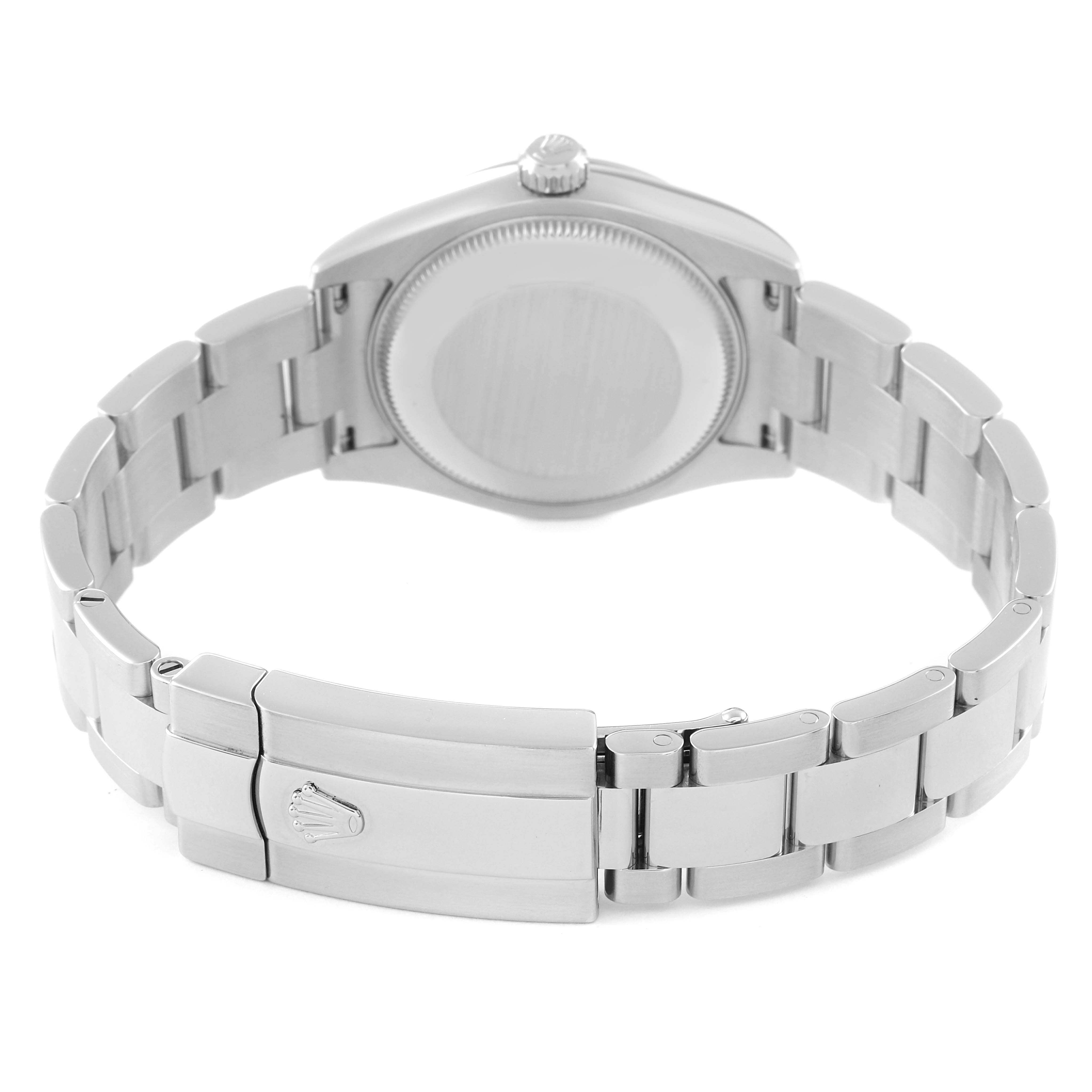 This image shows the back view of a Mid-Size Rolex watch, particularly highlighting the bracelet and clasp.