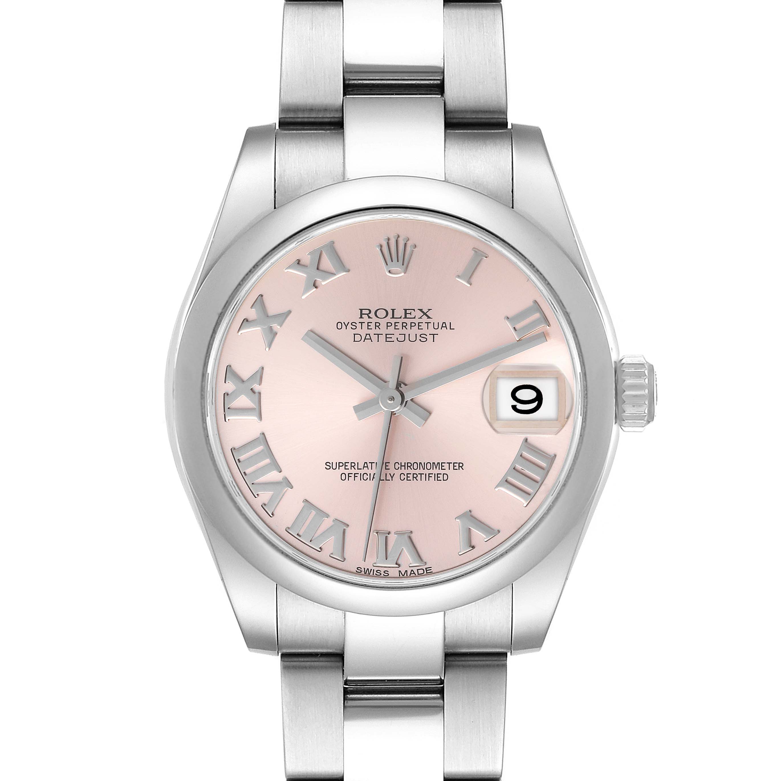 The image shows a front view of a Rolex Oyster Perpetual Datejust Mid-Size watch with a pink Roman numeral dial and silver bracelet.