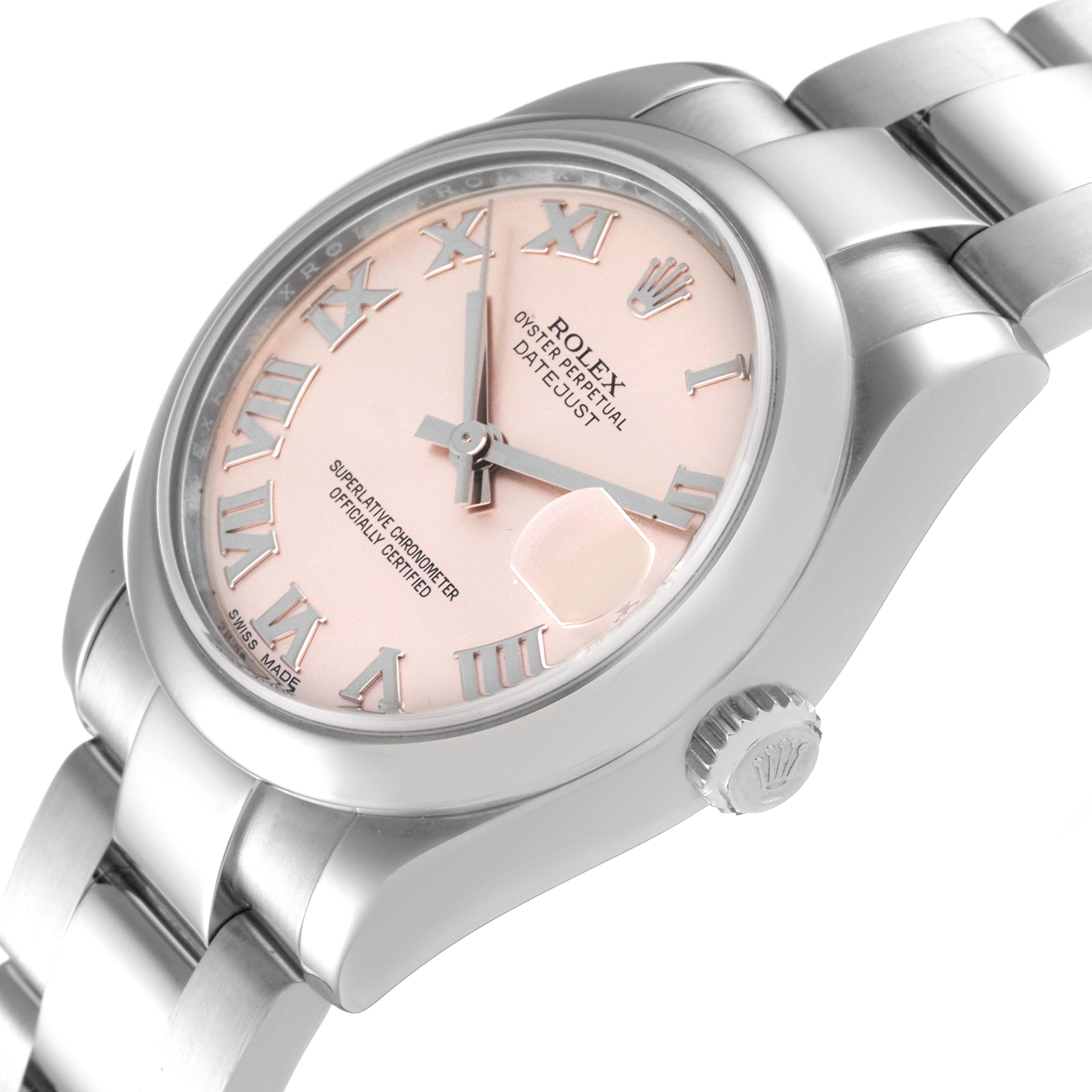 This Rolex Mid-Size 178240 Women's Stainless Steel Pink Dial 178240 Women's Stainless Steel Pink Dial watch is shown at a slight angle, revealing its face, bezel, crown, and part of the bracelet.