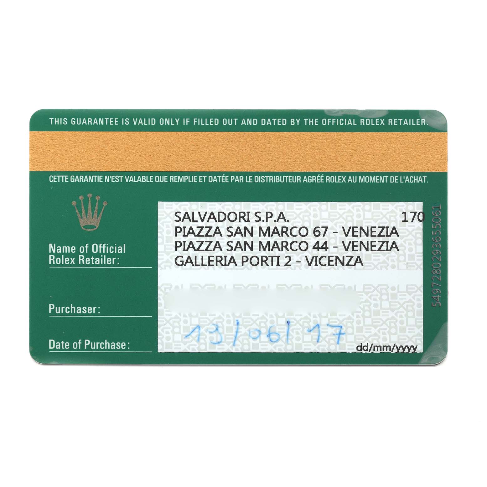 This is a guarantee card for a Mid-Size Rolex model, displaying the official retailer's information and purchase date.