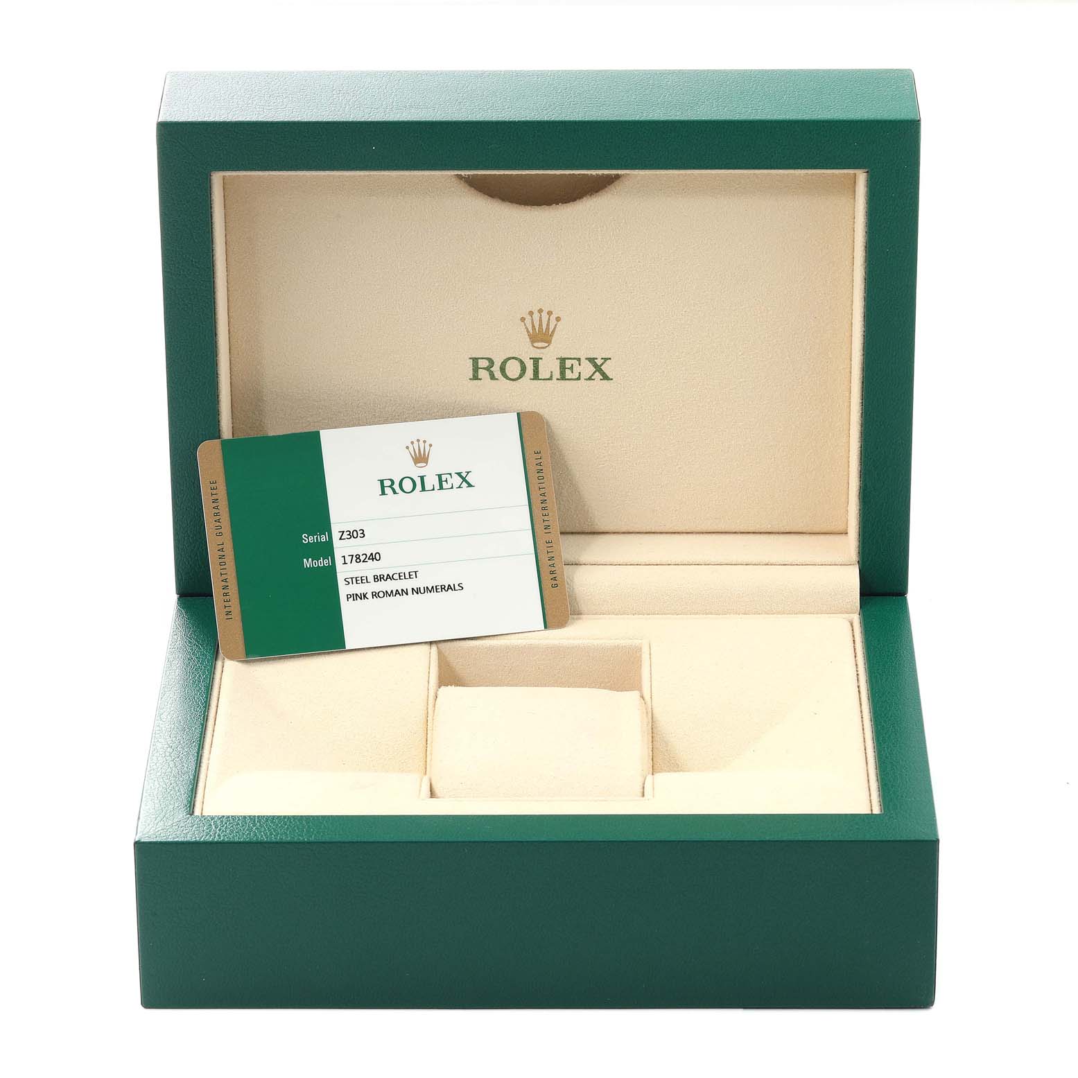 The image shows the interior of a Rolex Mid-Size 178240 Women's Stainless Steel Pink Dial 178240 Women's Stainless Steel Pink Dial model watch box with an identification card inside.