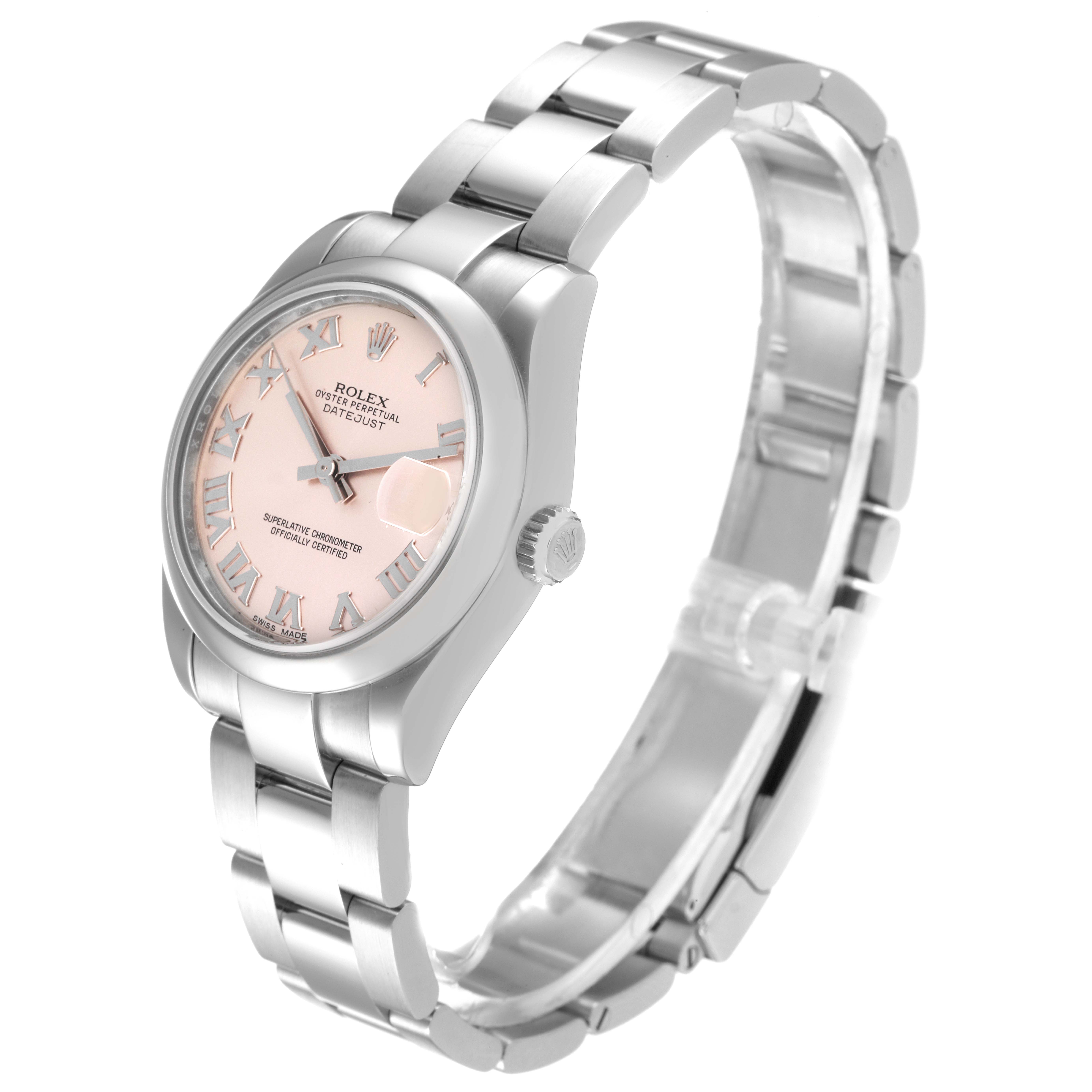 The Rolex Mid-Size 178240 Women's Stainless Steel Pink Dial 178240 Women's Stainless Steel Pink Dial Datejust watch is shown at a three-quarter angle highlighting its face, bezel, and bracelet.