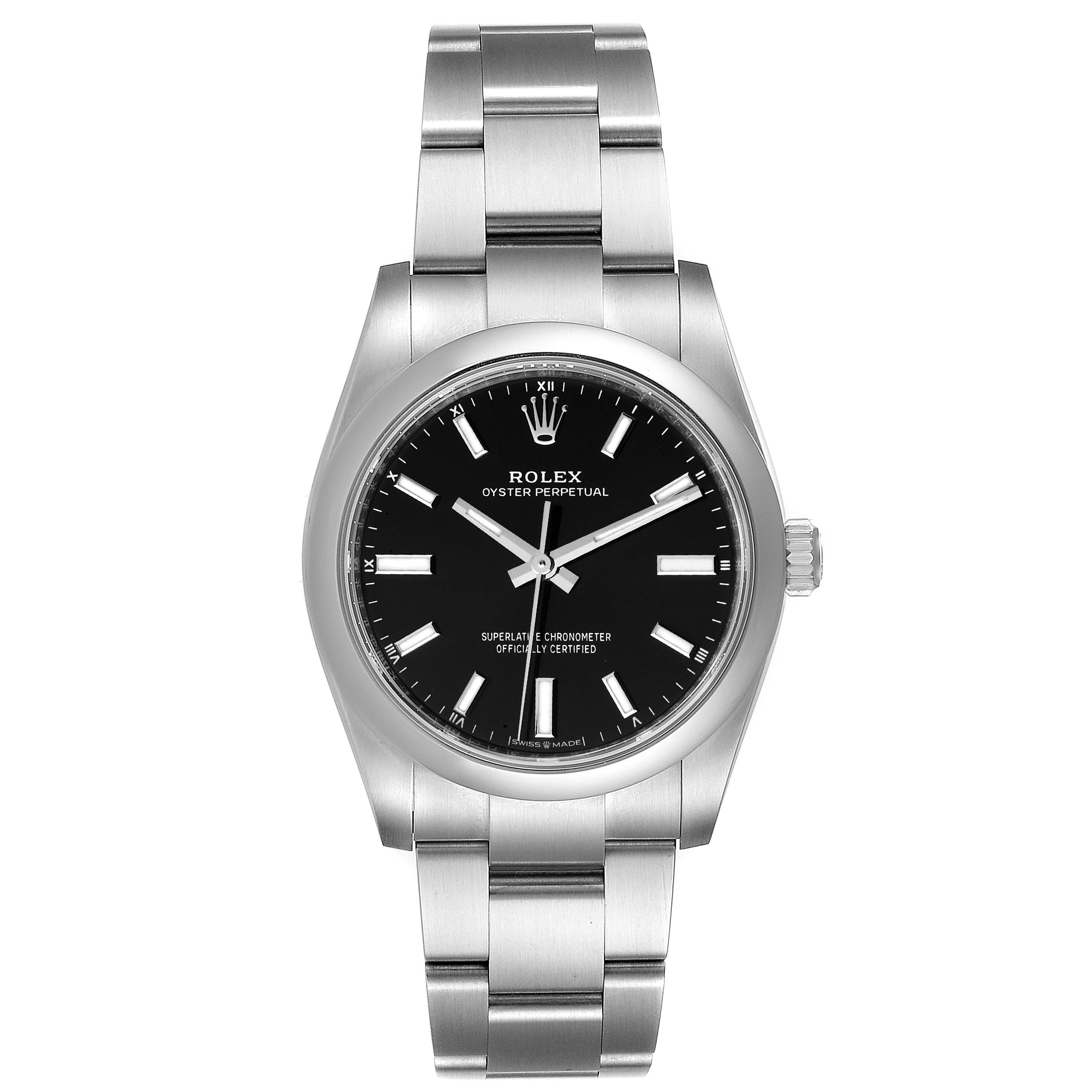 This image shows a front view of a Rolex Oyster Perpetual 124200 Men
s Stainless Steel Black Dial 124200 Men
s Stainless Steel Black Dial watch, displaying the face, casing, and bracelet.