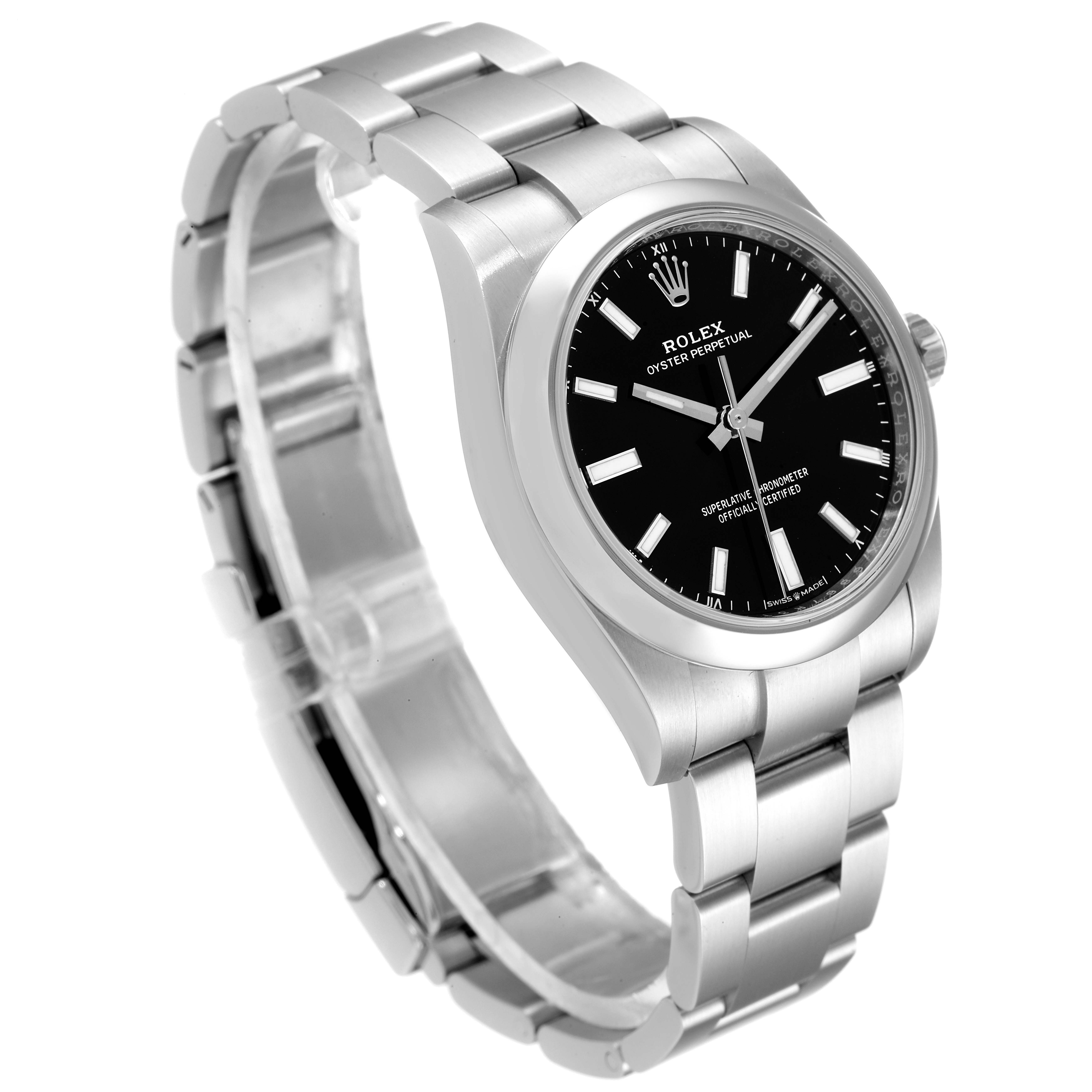 The image shows a Rolex Oyster Perpetual 124200 Men
s Stainless Steel Black Dial 124200 Men
s Stainless Steel Black Dial watch from a slightly tilted angle, highlighting its face and bracelet.