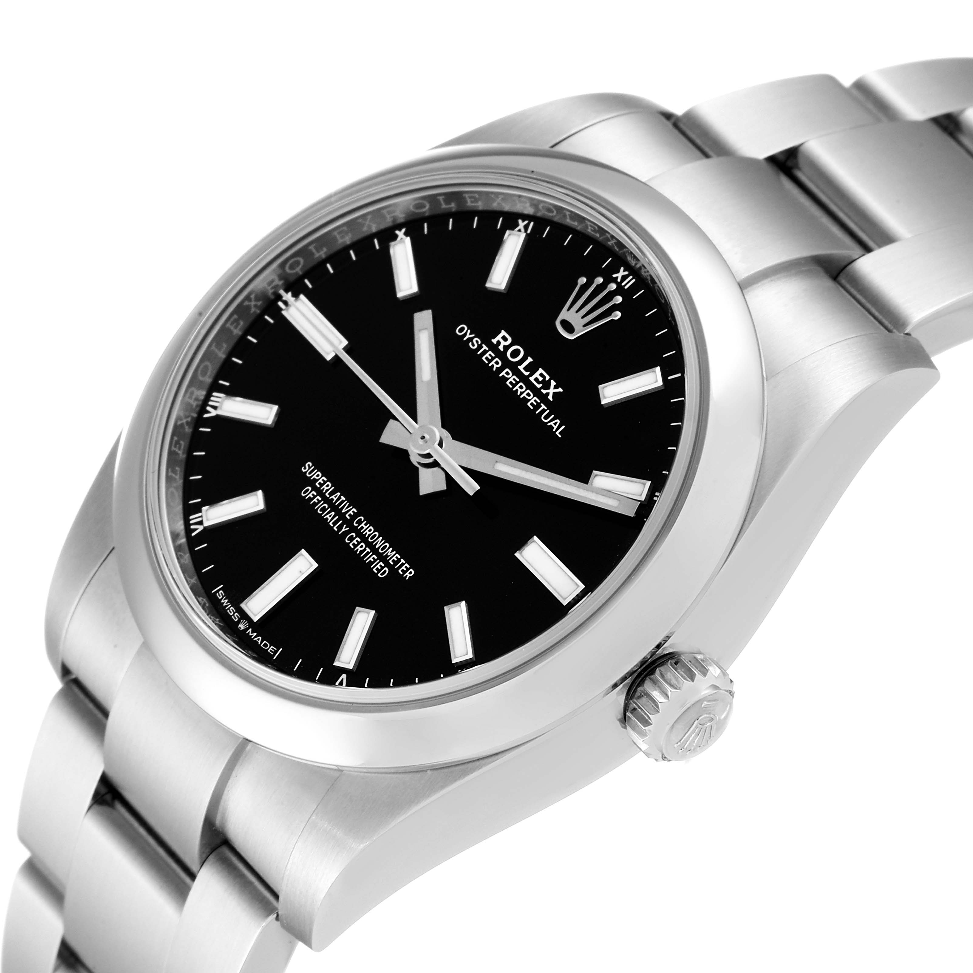 The image shows a Rolex Oyster Perpetual 124200 Men
s Stainless Steel Black Dial 124200 Men
s Stainless Steel Black Dial watch from an angled close-up, highlighting its black dial, case, and bracelet.