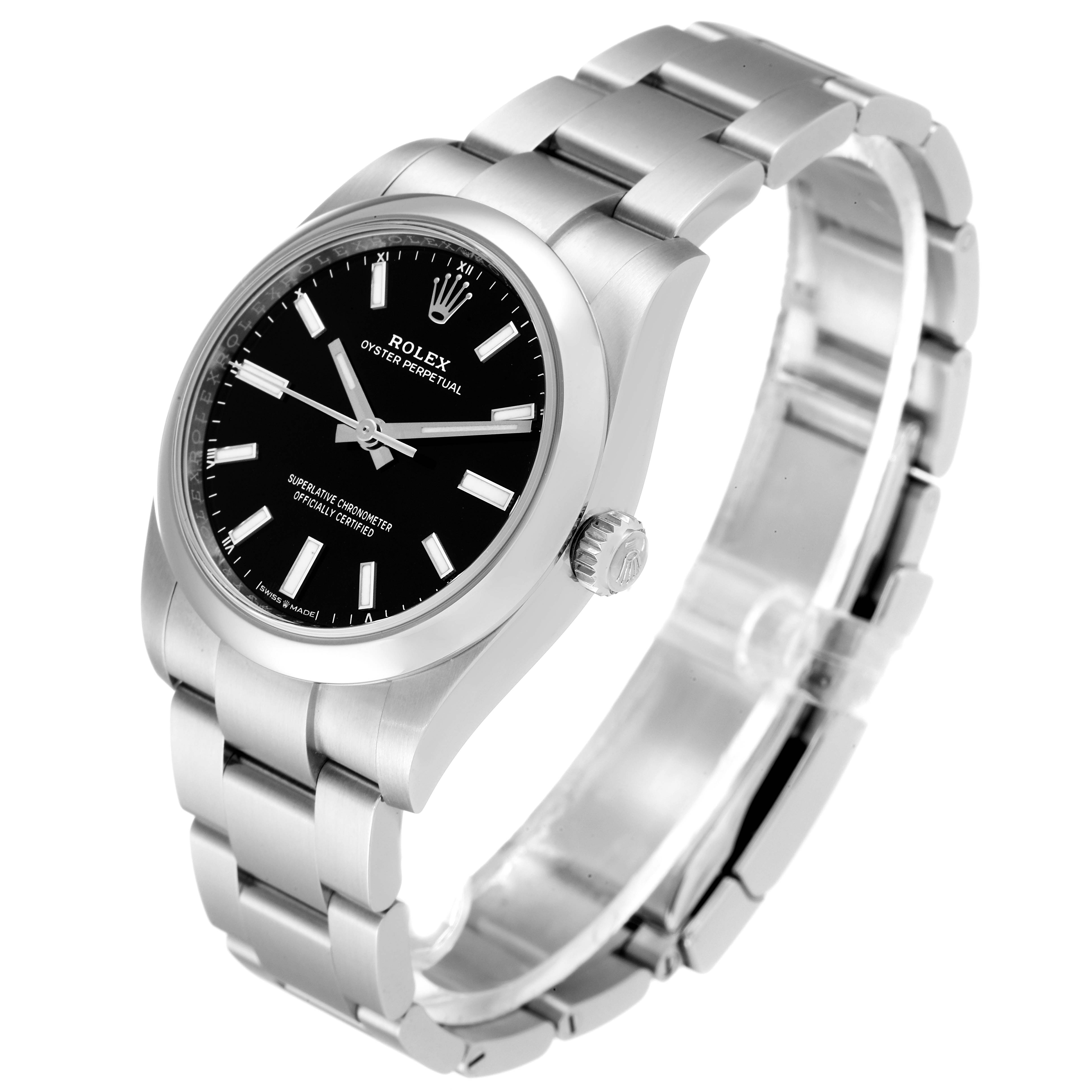 This image shows a Rolex Oyster Perpetual 124200 Men
s Stainless Steel Black Dial 124200 Men
s Stainless Steel Black Dial watch at a three-quarter angle, highlighting the black dial, bezel, crown, and bracelet.