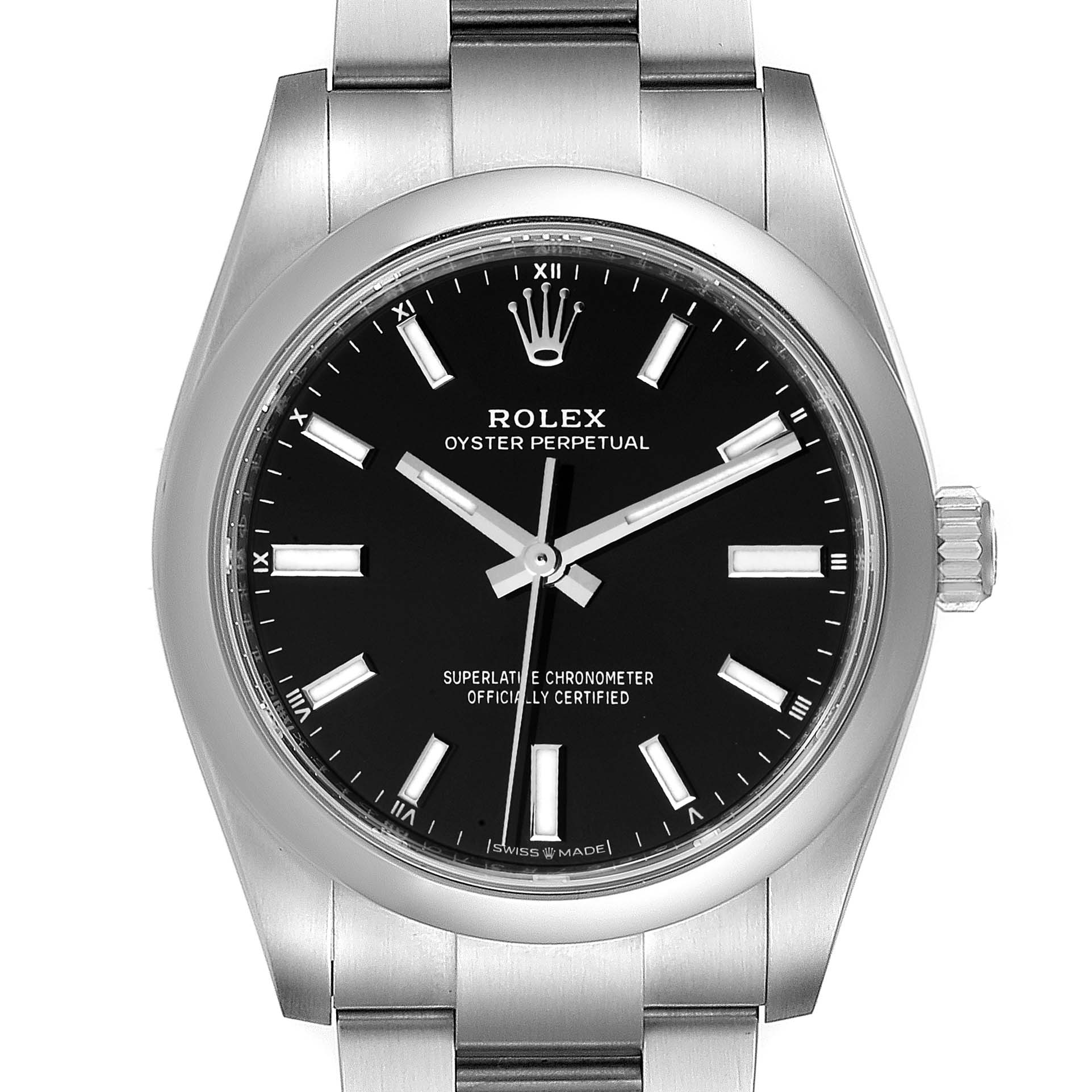 This is a front view of a Rolex Oyster Perpetual 124200 Men
s Stainless Steel Black Dial 124200 Men
s Stainless Steel Black Dial watch, showcasing its face, bezel, case, and part of the strap.