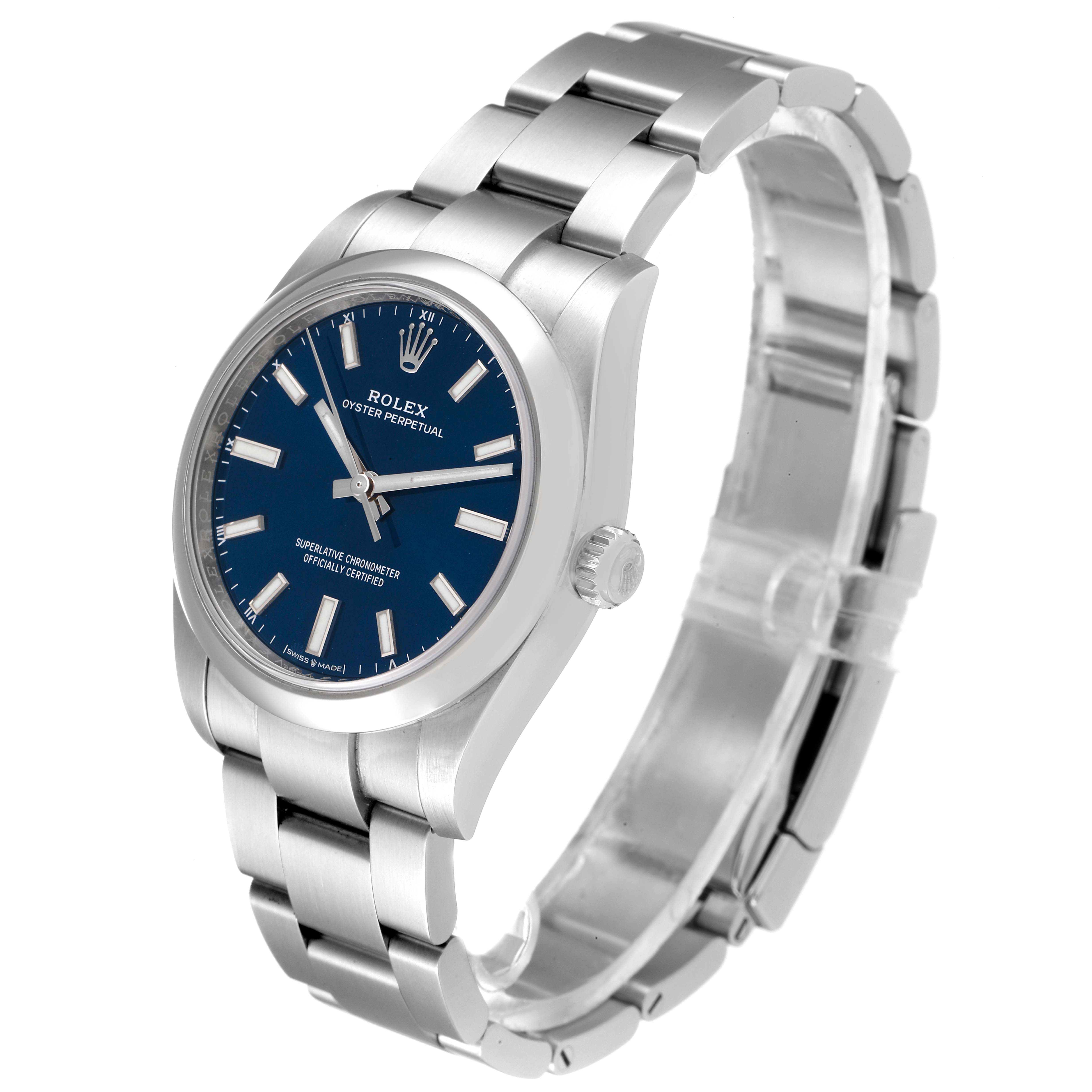 The image shows a Rolex Oyster Perpetual 124200 Men
s Stainless Steel Blue Dial 124200 Men
s Stainless Steel Blue Dial watch at a slight angle, highlighting the face, crown, and bracelet.