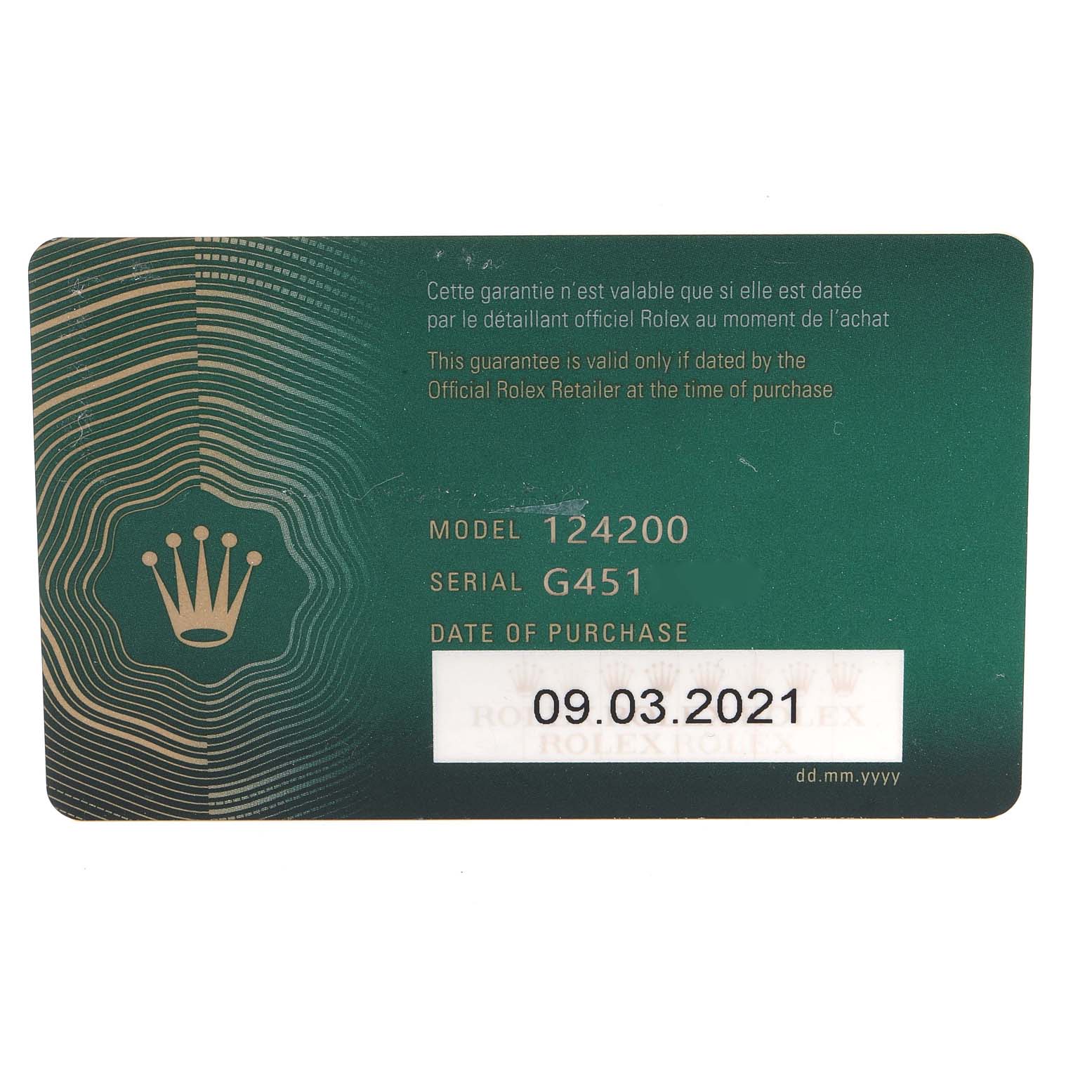 This is a warranty card for a Rolex Oyster Perpetual 124200 Men
s Stainless Steel Blue Dial 124200 Men
s Stainless Steel Blue Dial model 124200, showing the serial number, date of purchase, and brand logo.