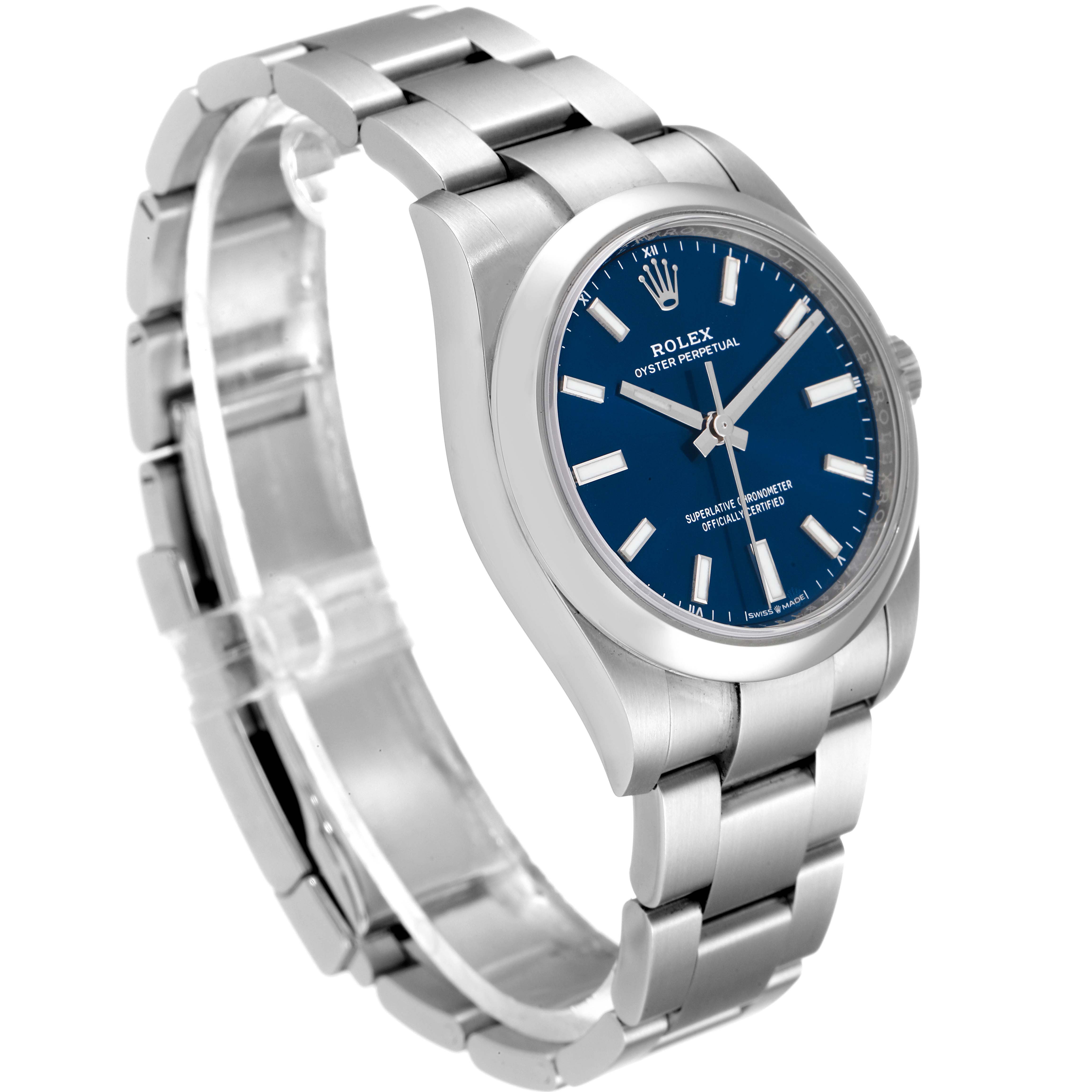 This image shows a side and front angle view of the Rolex Oyster Perpetual 124200 Men
s Stainless Steel Blue Dial 124200 Men
s Stainless Steel Blue Dial watch, highlighting its blue dial, case, and bracelet.