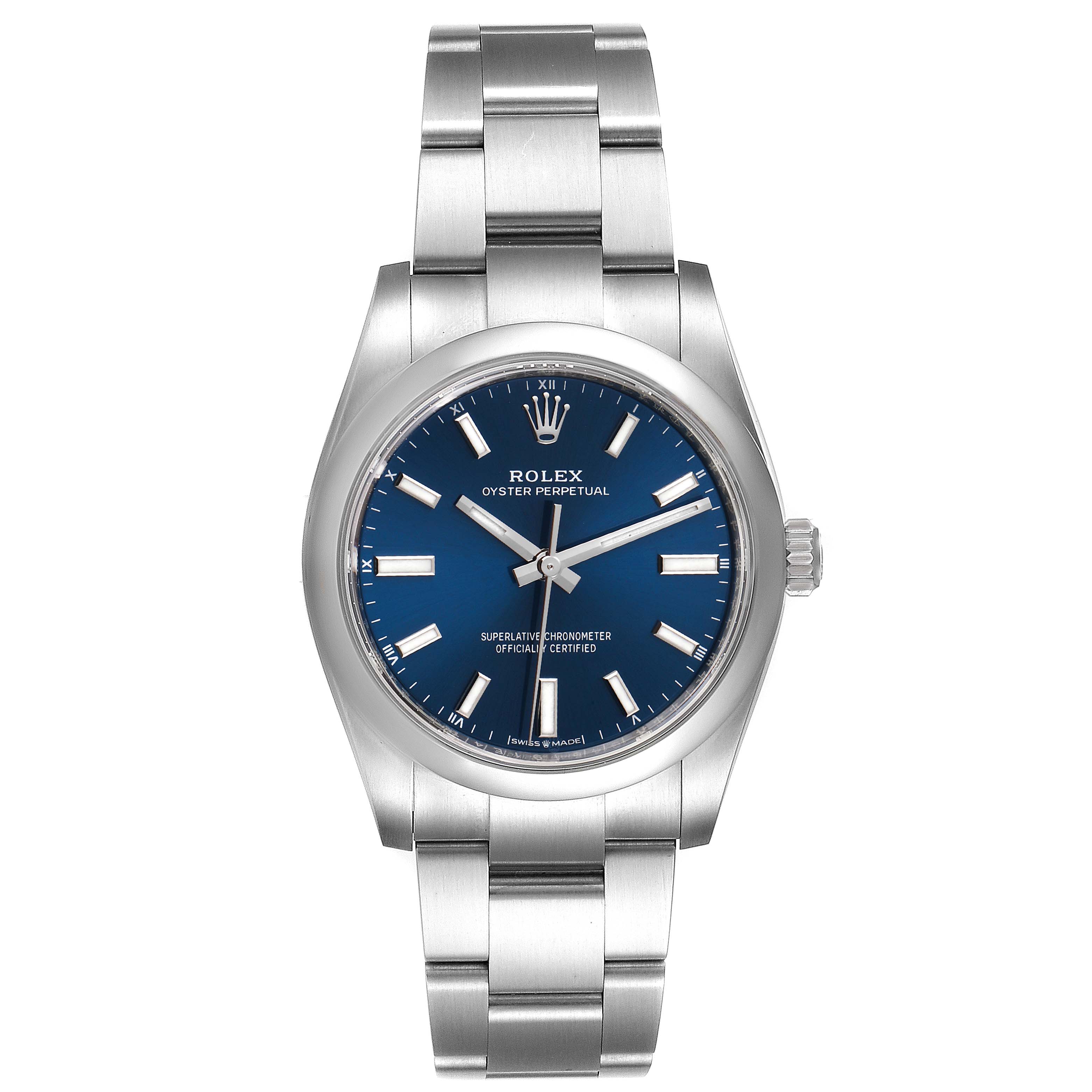 This is a front view of the Rolex Oyster Perpetual 124200 Men
s Stainless Steel Blue Dial 124200 Men
s Stainless Steel Blue Dial watch, displaying its blue dial, stainless steel case, and bracelet.