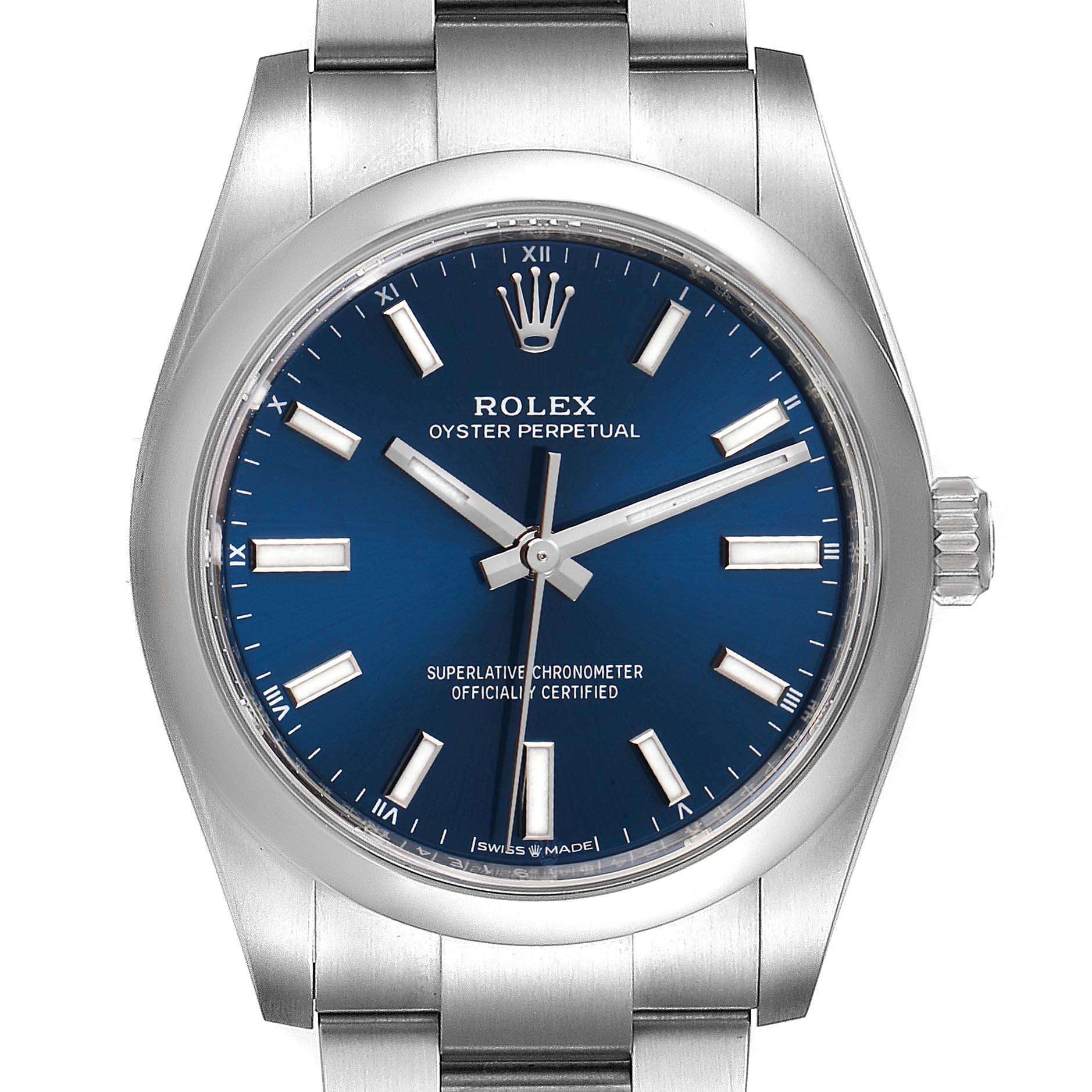 This image shows a close-up of the Rolex Oyster Perpetual 124200 Men
s Stainless Steel Blue Dial 124200 Men
s Stainless Steel Blue Dial watch face and a portion of its bracelet, taken from a front angle.