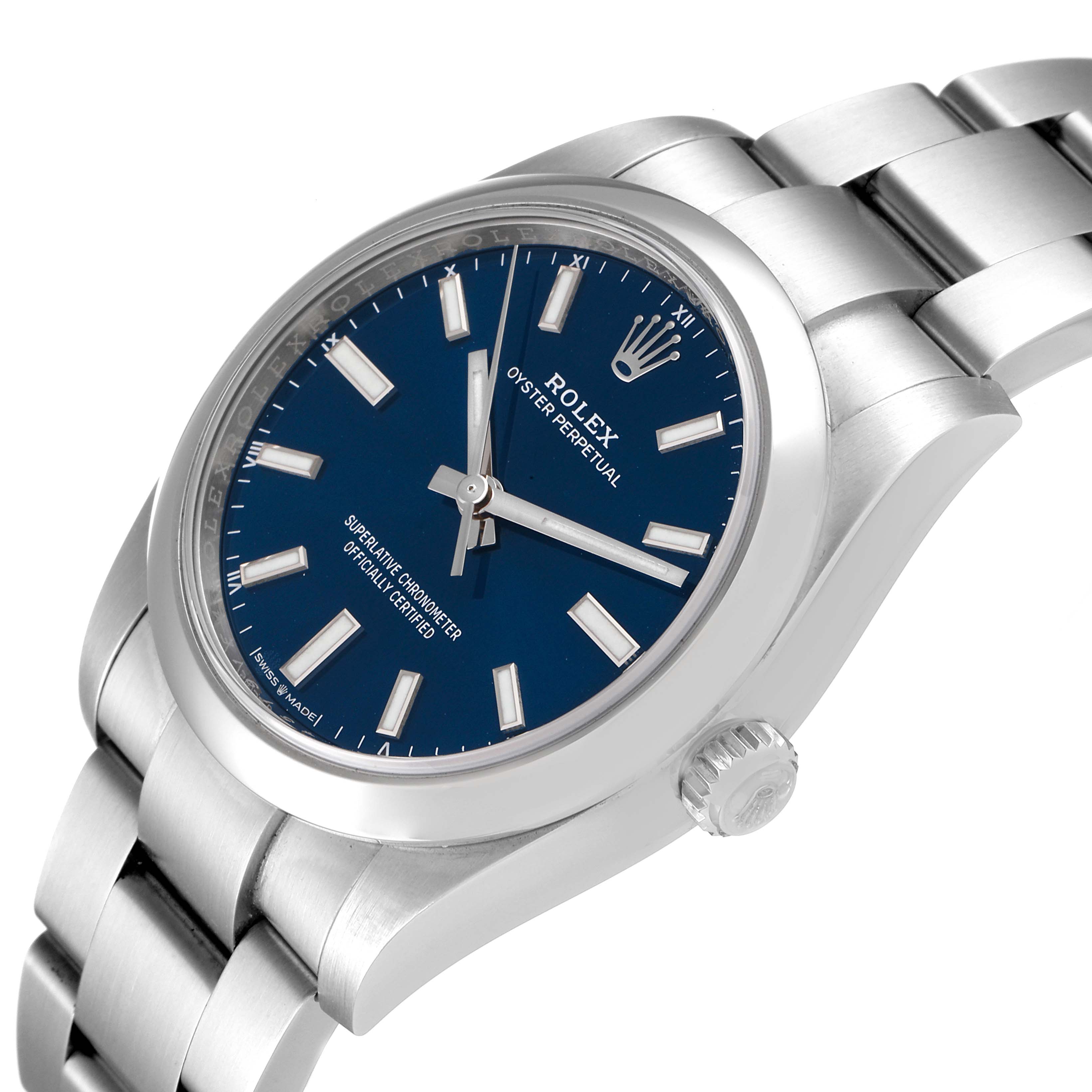 The image shows a Rolex Oyster Perpetual 124200 Men
s Stainless Steel Blue Dial 124200 Men
s Stainless Steel Blue Dial watch at an angled view, highlighting the face, bezel, and part of the bracelet.
