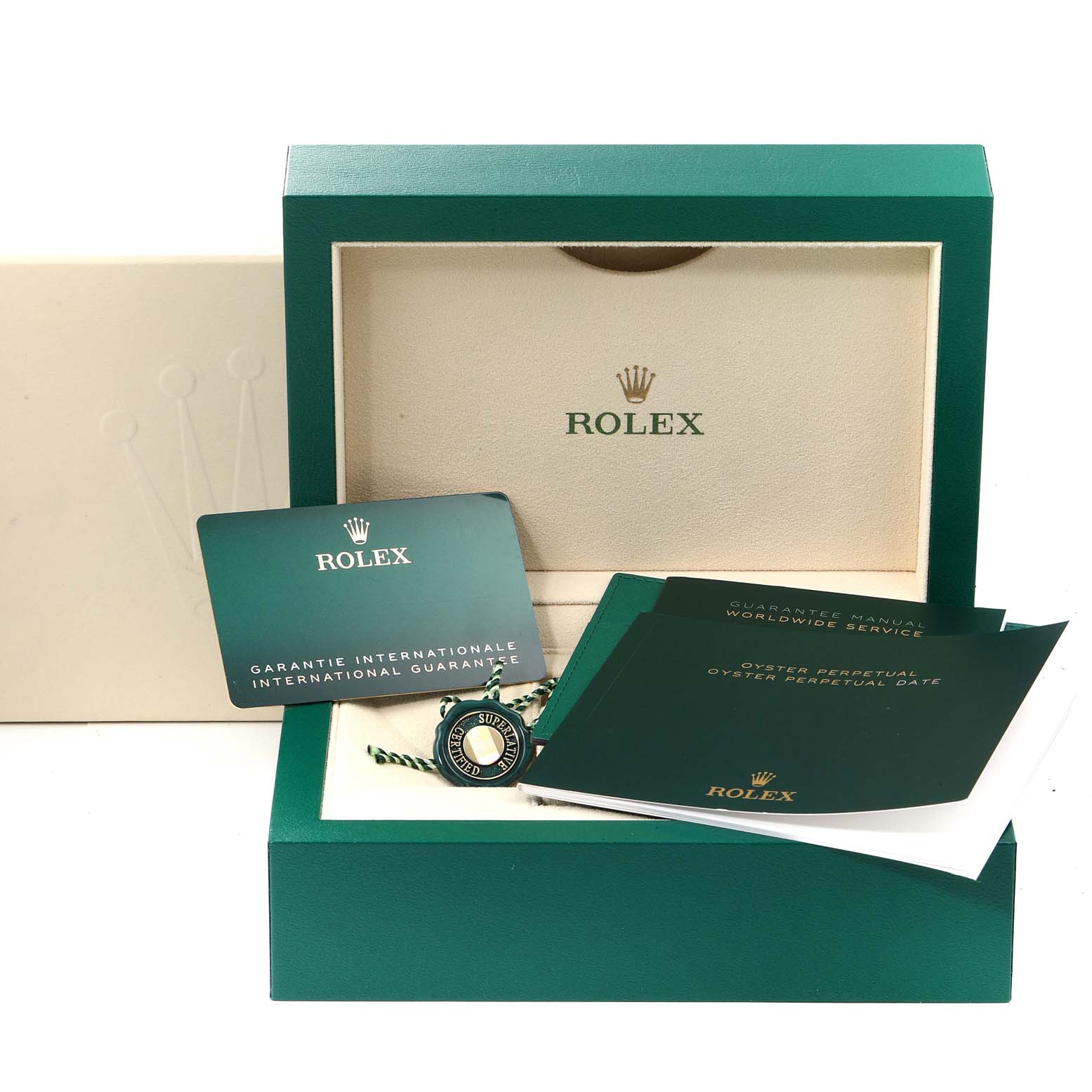The image shows the packaging, guarantee card, manuals, and tag for a Rolex Oyster Perpetual 124200 Men's Stainless Steel Silver Dial 124200 Men's Stainless Steel Silver Dial watch.