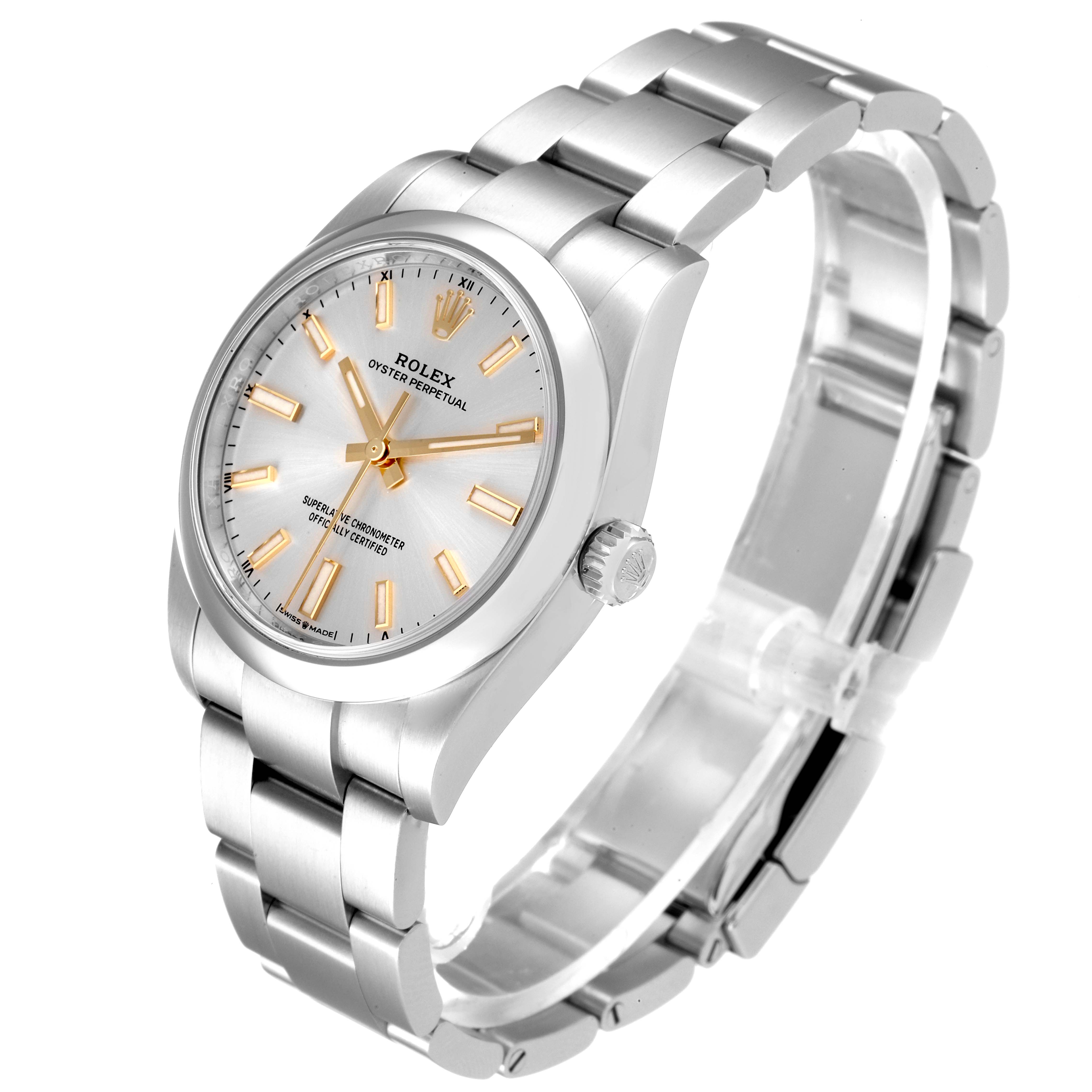 The image shows a Rolex Oyster Perpetual 124200 Men's Stainless Steel Silver Dial 124200 Men's Stainless Steel Silver Dial watch from an angled view, highlighting its silver dial and metal bracelet.