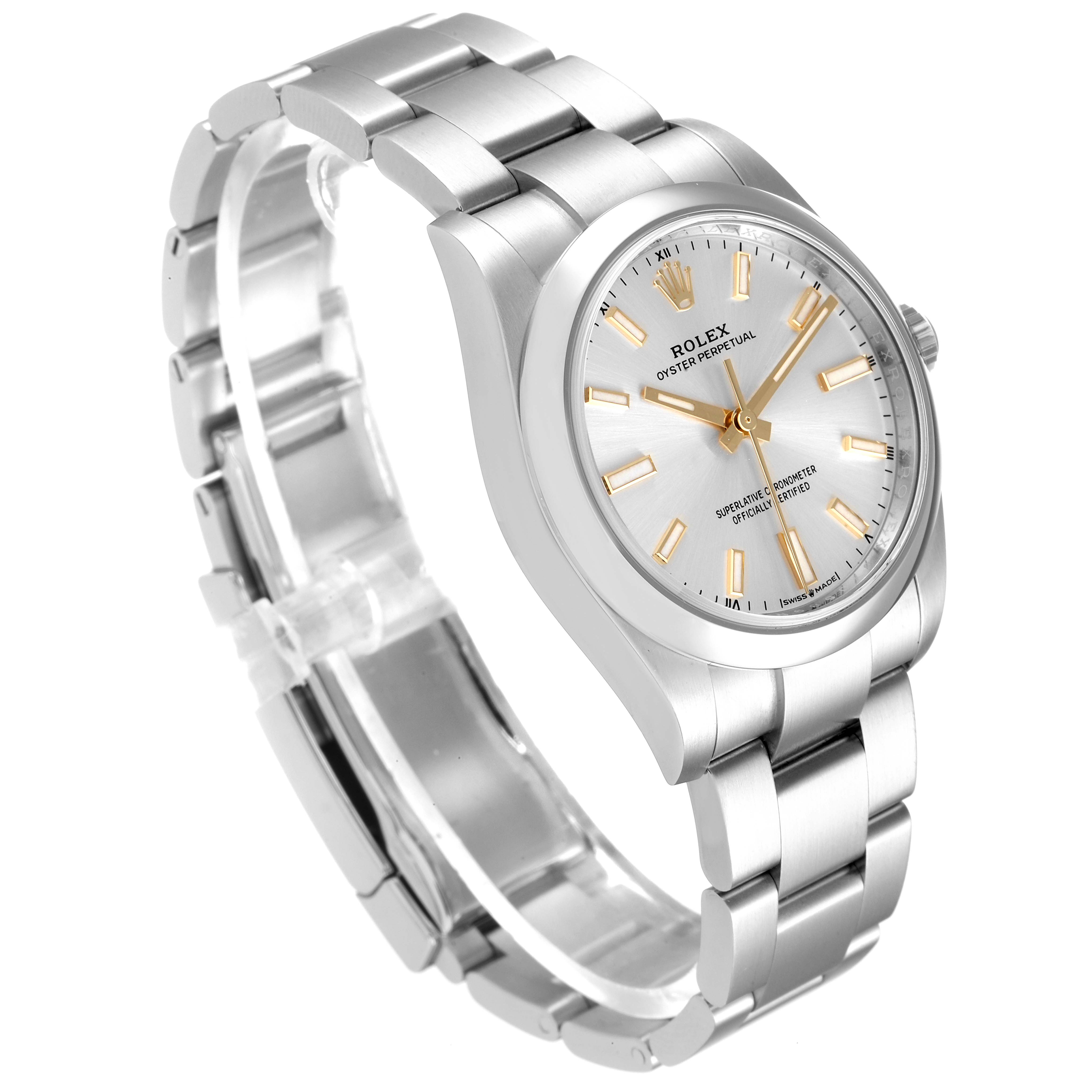 The Rolex Oyster Perpetual 124200 Men's Stainless Steel Silver Dial 124200 Men's Stainless Steel Silver Dial watch is shown from an angled front view, highlighting its silver band and gold-accented dial.