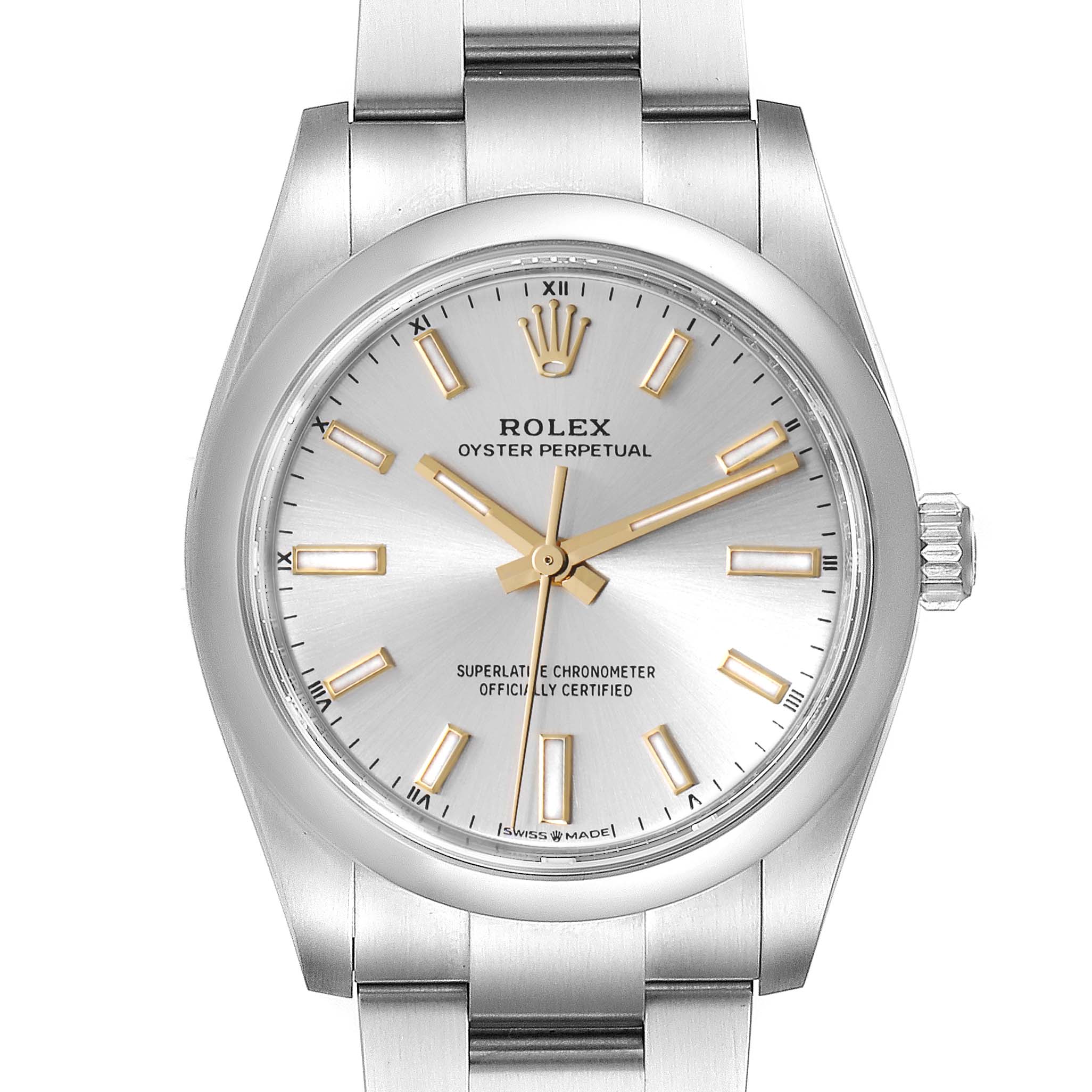 The image shows a front view of a Rolex Oyster Perpetual 124200 Men's Stainless Steel Silver Dial 124200 Men's Stainless Steel Silver Dial with its face, bezel, crown, and part of its bracelet visible.