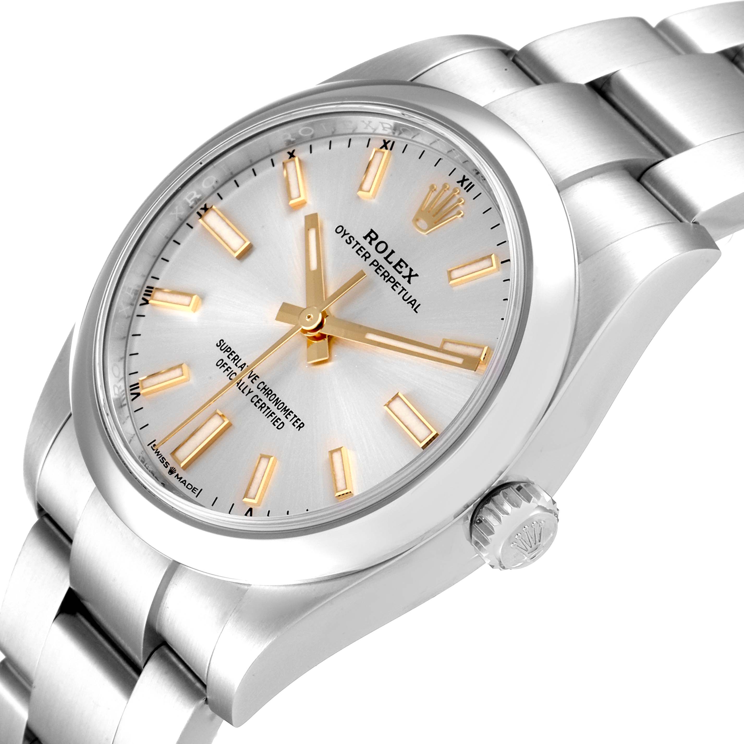 The Rolex Oyster Perpetual 124200 Men's Stainless Steel Silver Dial 124200 Men's Stainless Steel Silver Dial watch is shown at an angled close-up, highlighting the face, bezel, and part of the bracelet.