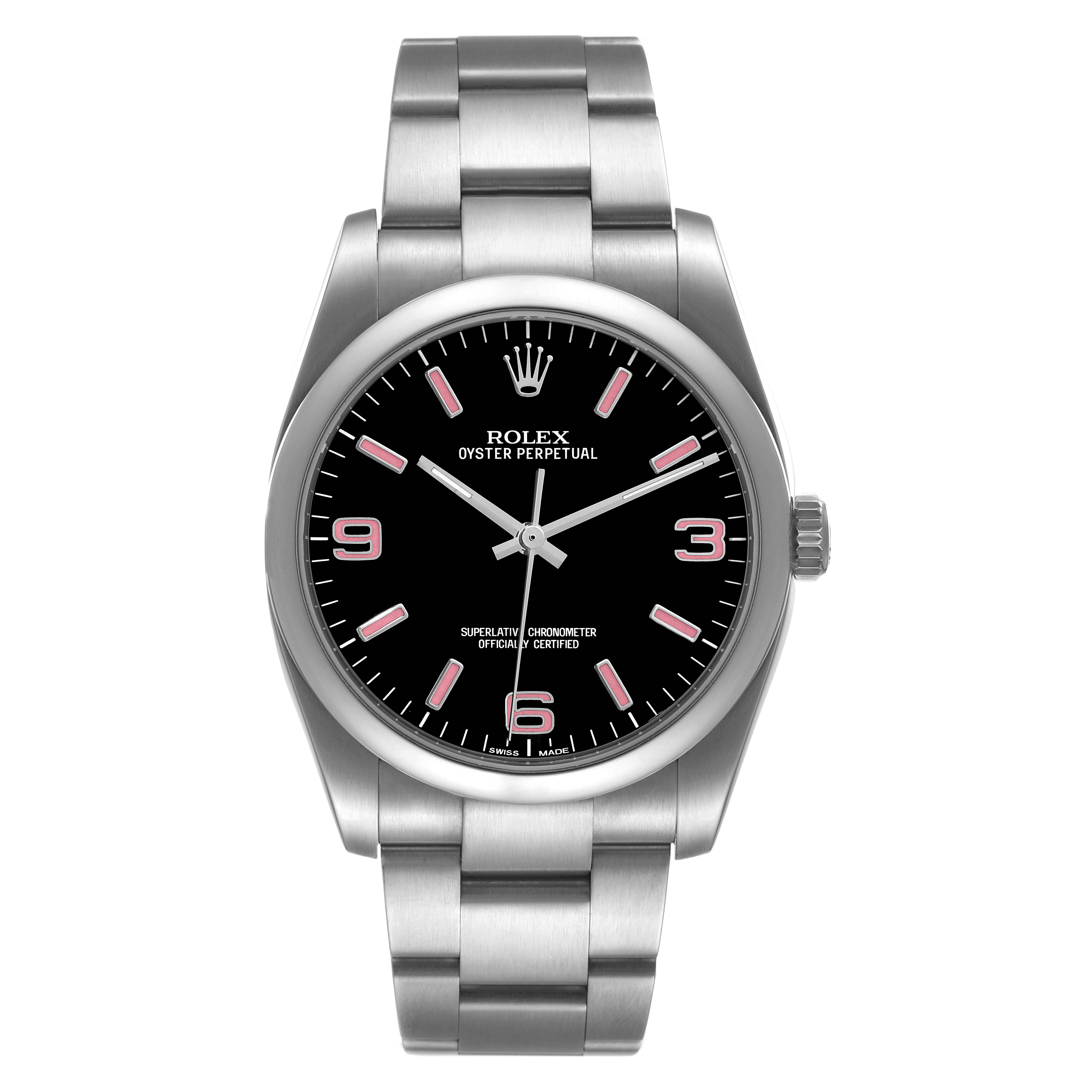 This image shows a Rolex Oyster Perpetual 116000 Men
s Stainless Steel Black Dial 116000 Men
s Stainless Steel Black Dial watch from a front angle, displaying its black dial, stainless steel case, and bracelet.