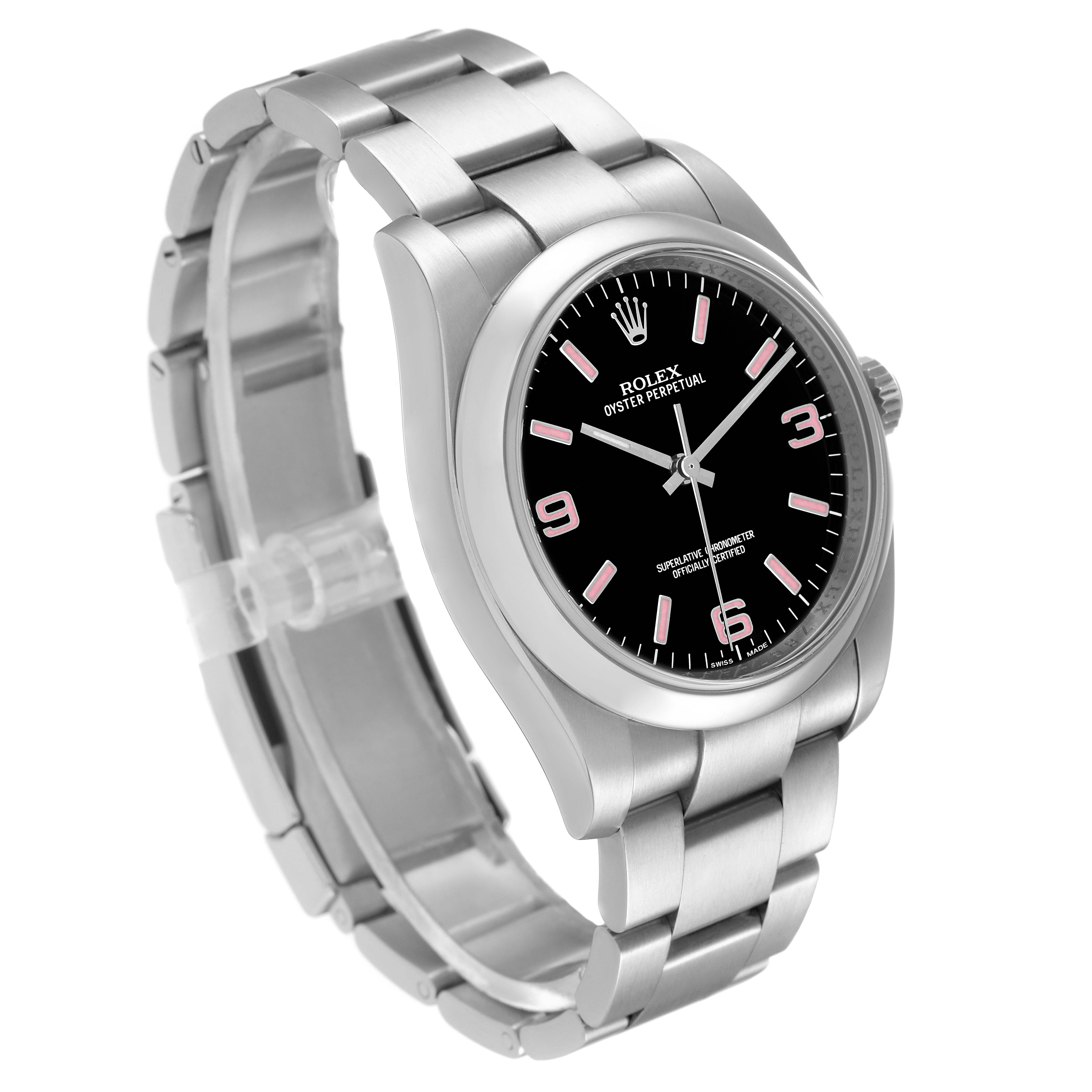 This image shows a Rolex Oyster Perpetual 116000 Men
s Stainless Steel Black Dial 116000 Men
s Stainless Steel Black Dial watch from a front angle, including its face, bezel, and partially extended bracelet.
