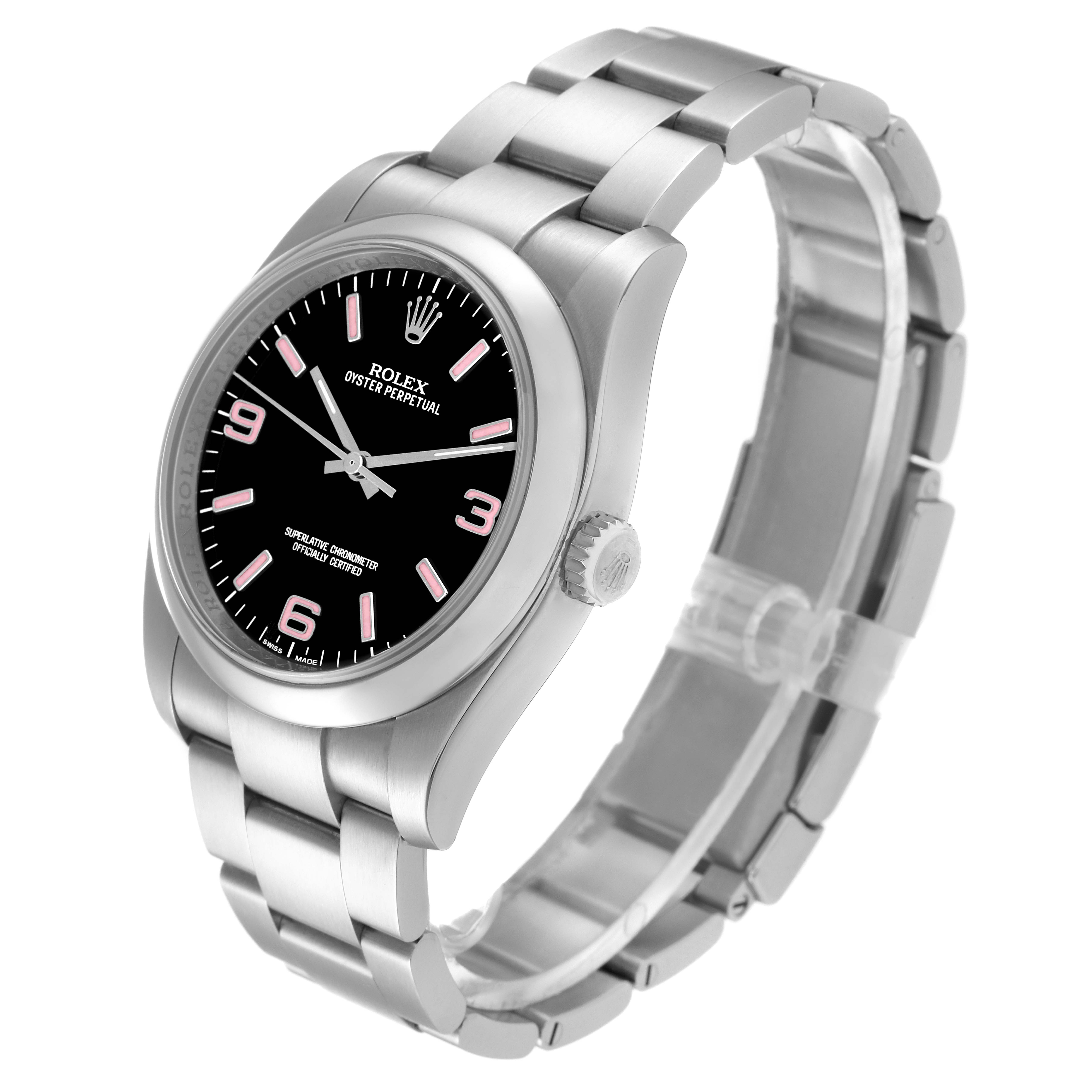 The image shows a side angle view of a Rolex Oyster Perpetual 116000 Men
s Stainless Steel Black Dial 116000 Men
s Stainless Steel Black Dial watch, highlighting its black dial, stainless steel case, and bracelet.