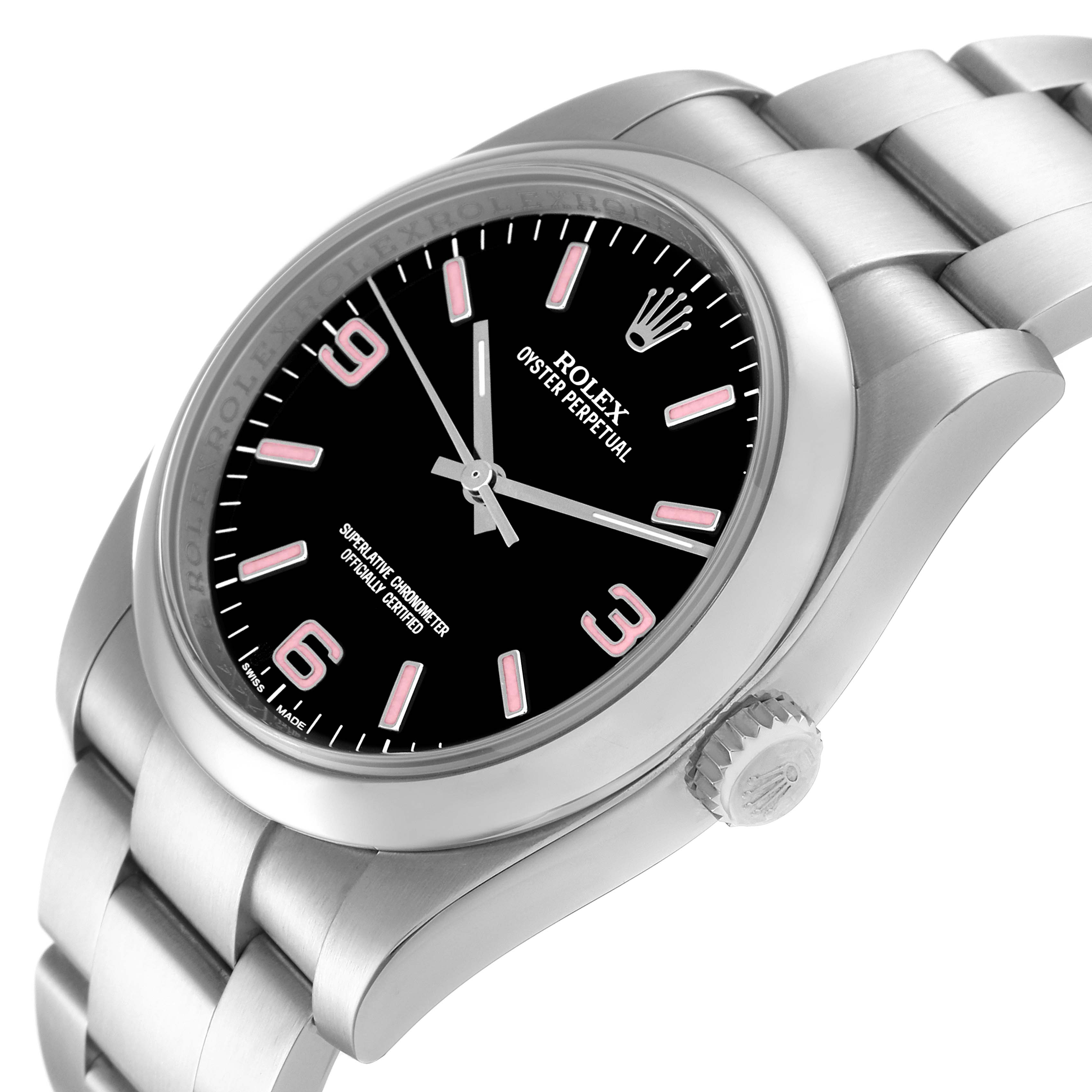 The Rolex Oyster Perpetual 116000 Men
s Stainless Steel Black Dial 116000 Men
s Stainless Steel Black Dial watch is shown at an angle displaying the dial, bezel, case, bracelet, and crown.