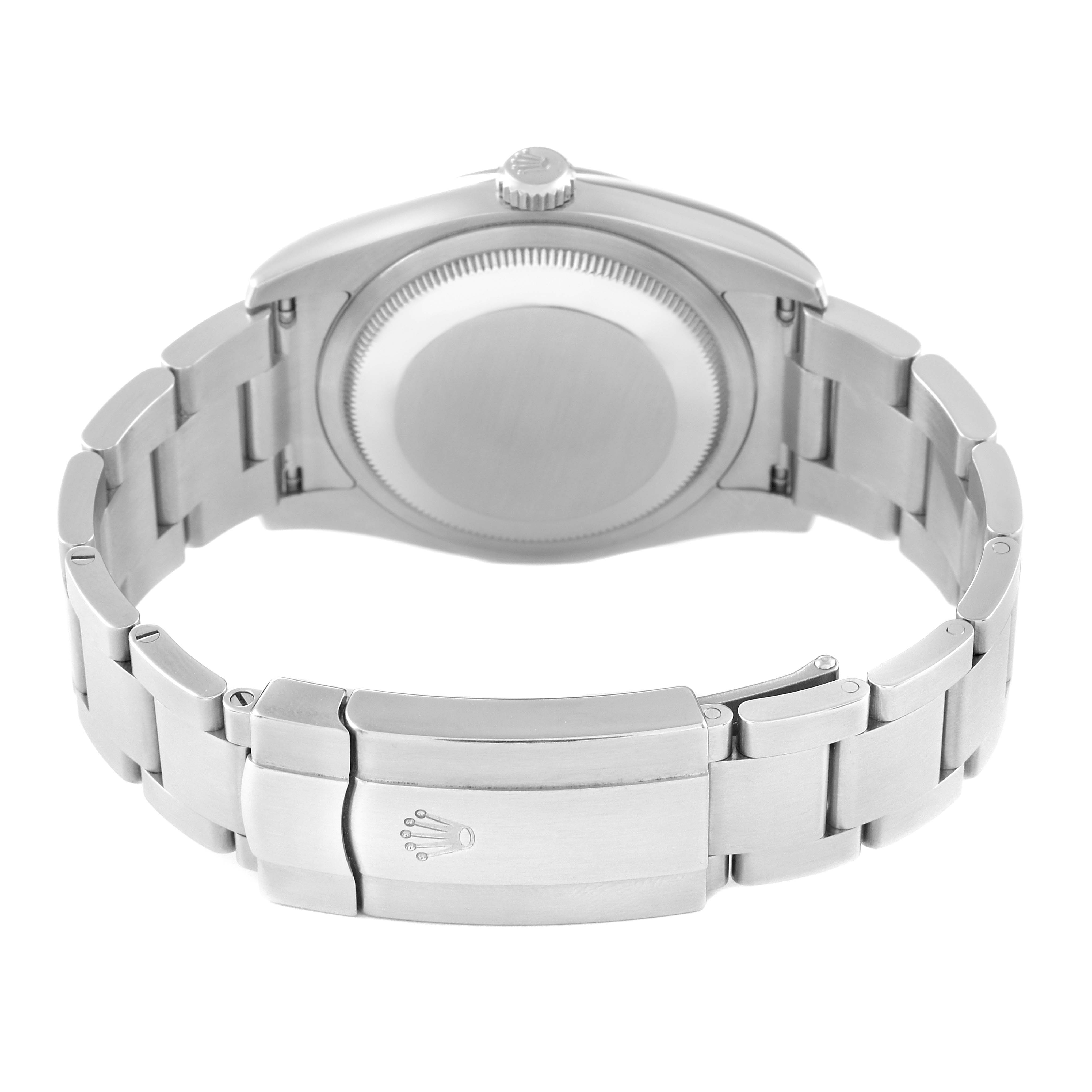 This image shows the back case and bracelet with clasp of a Rolex Oyster Perpetual 116000 Men
s Stainless Steel Black Dial 116000 Men
s Stainless Steel Black Dial watch from a rear angle.