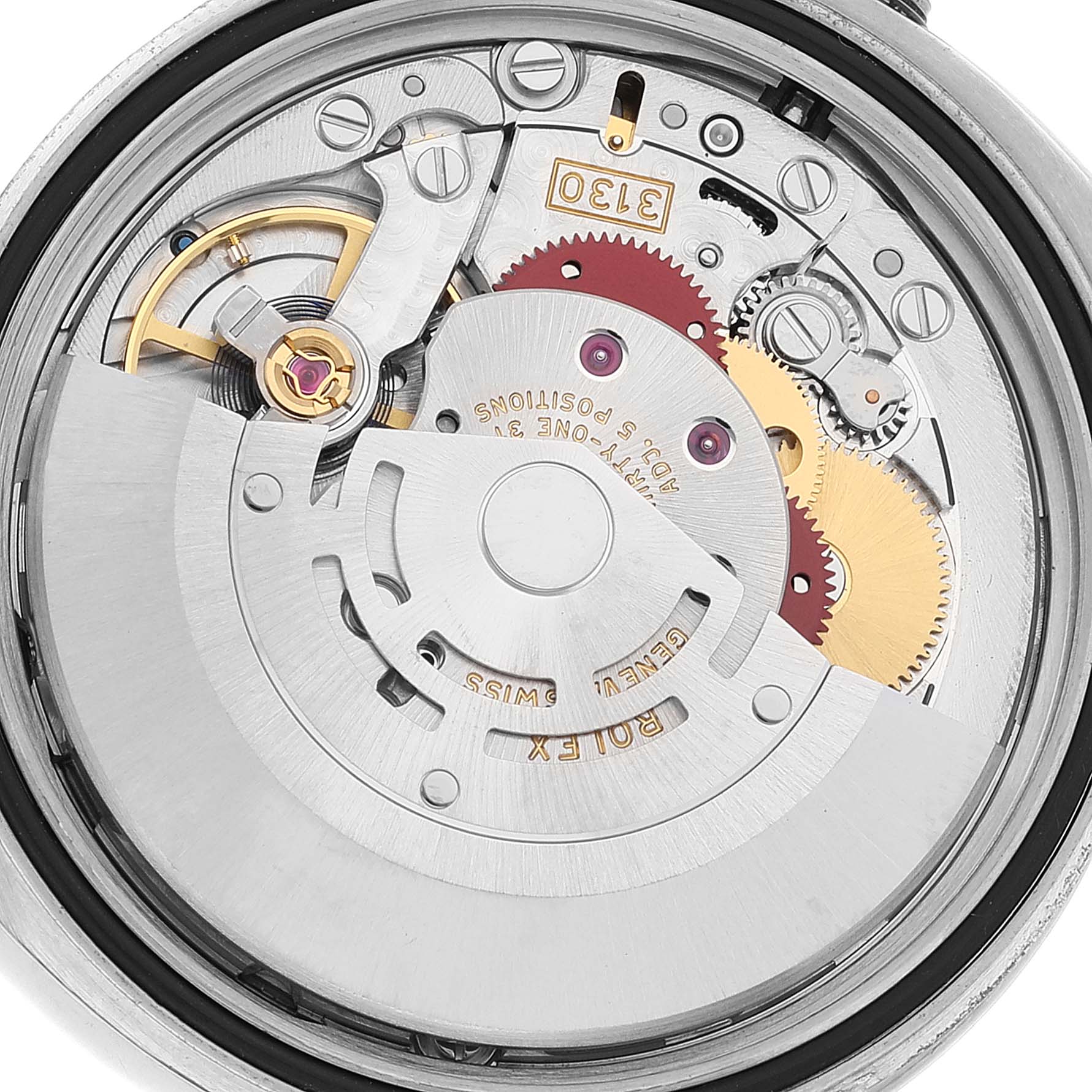 The image shows a close-up view of the movement and internal mechanism of a Rolex Oyster Perpetual 116000 Men
s Stainless Steel Black Dial 116000 Men
s Stainless Steel Black Dial model watch.