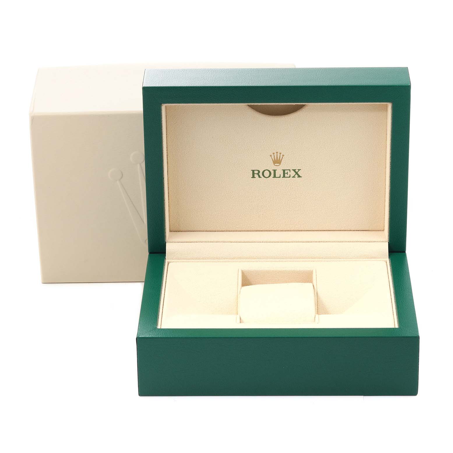 The image shows an open Rolex Oyster Perpetual 116000 Men
s Stainless Steel Black Dial 116000 Men
s Stainless Steel Black Dial watch box, displaying the interior padding and compartments at a frontal angle.