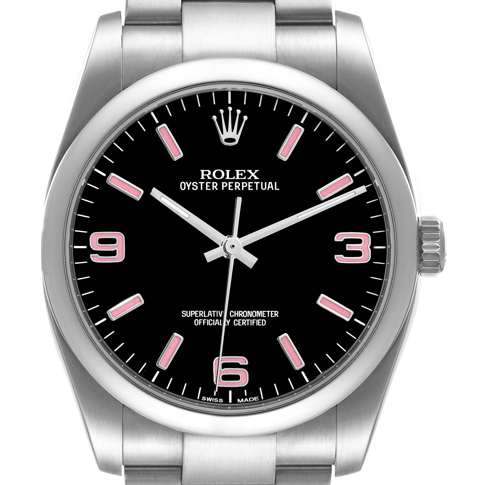 The image shows a front view of a Rolex Oyster Perpetual 116000 Men
s Stainless Steel Black Dial 116000 Men
s Stainless Steel Black Dial watch, highlighting the dial, hour markers, hands, and part of the bracelet.