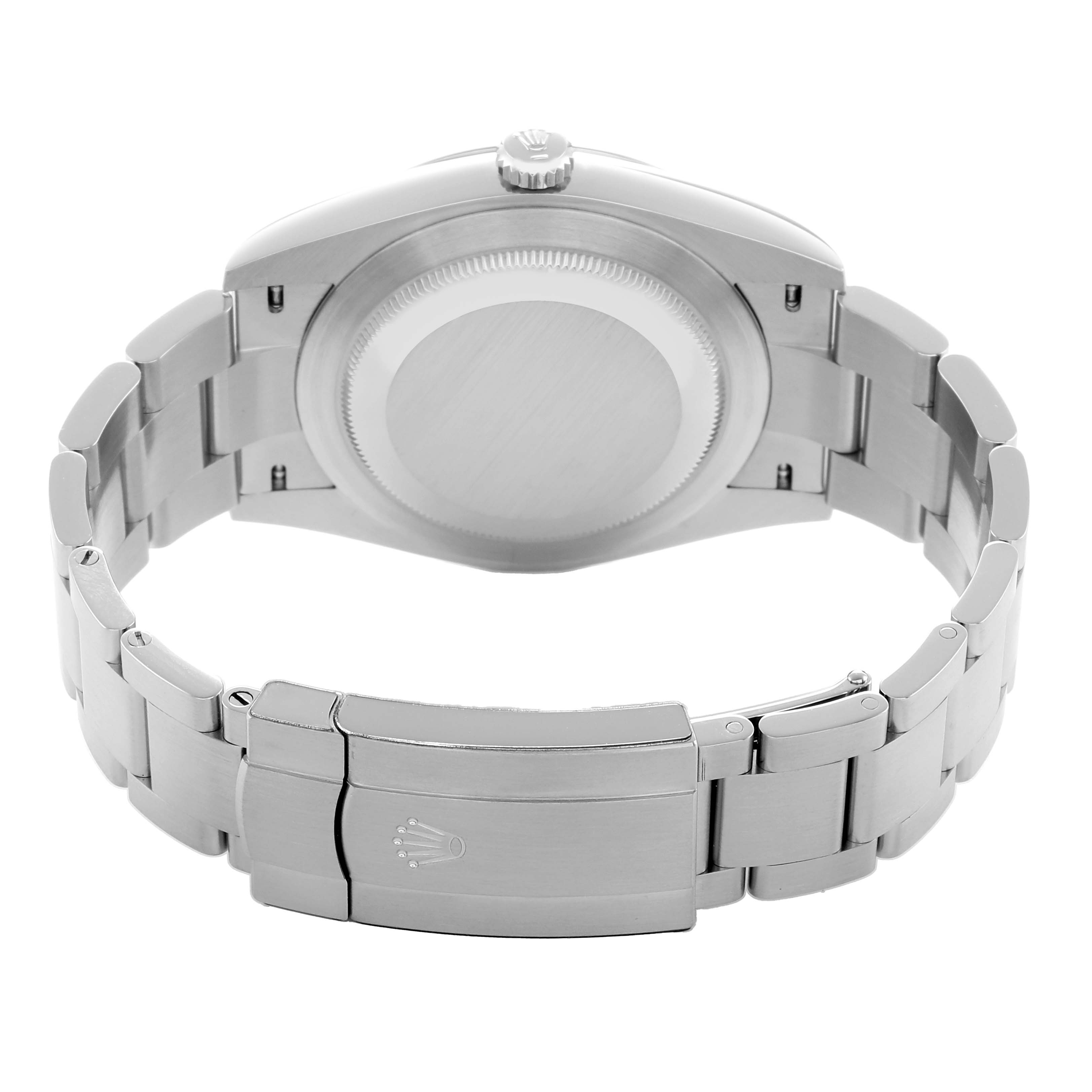 The image shows the back and clasp of a Rolex Oyster Perpetual 124300 Men
s Stainless Steel Silver Dial watch from a rear angle.