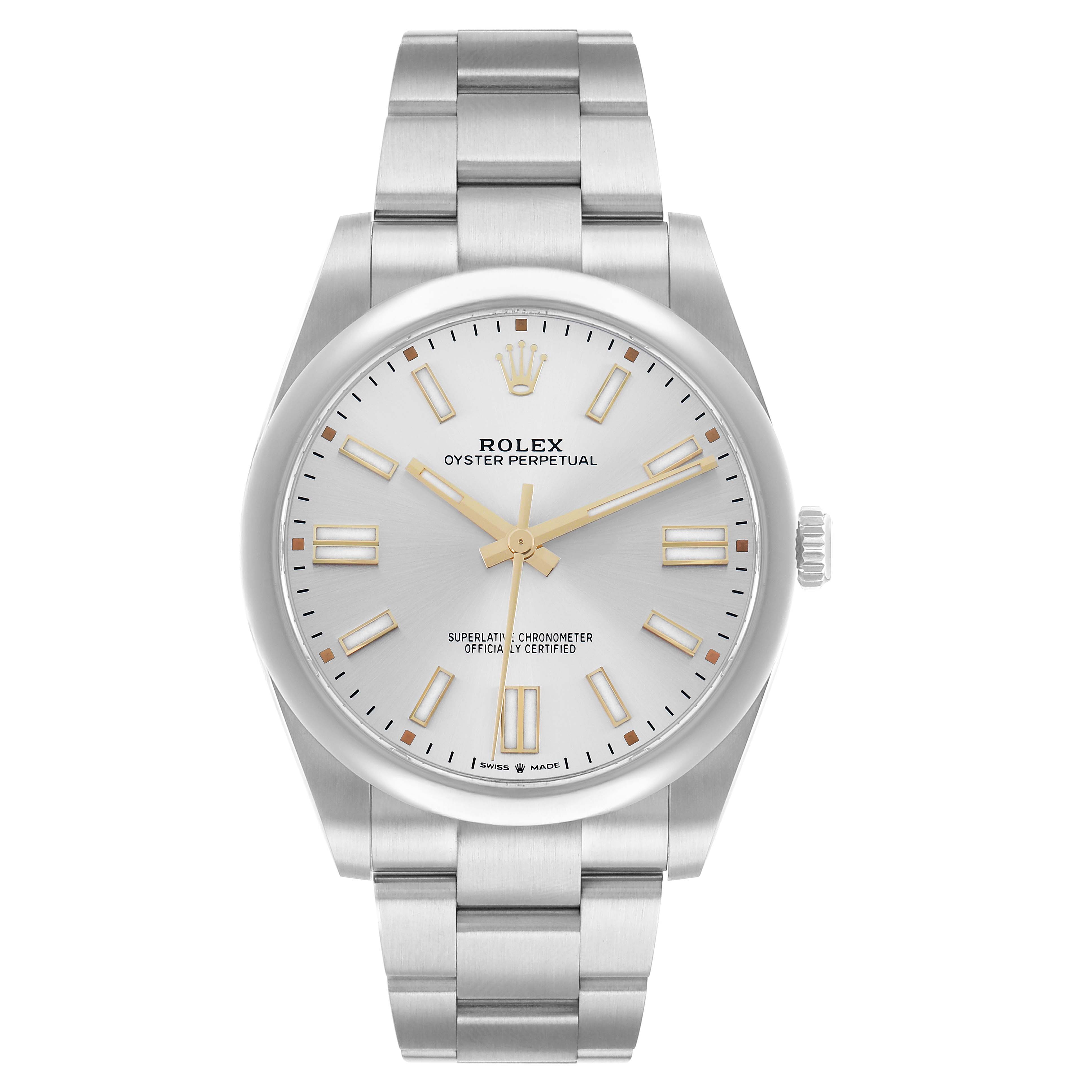 The Rolex Oyster Perpetual 124300 Men
s Stainless Steel Silver Dial watch is shown from a front angle, displaying the dial, bezel, case, bracelet, and crown.