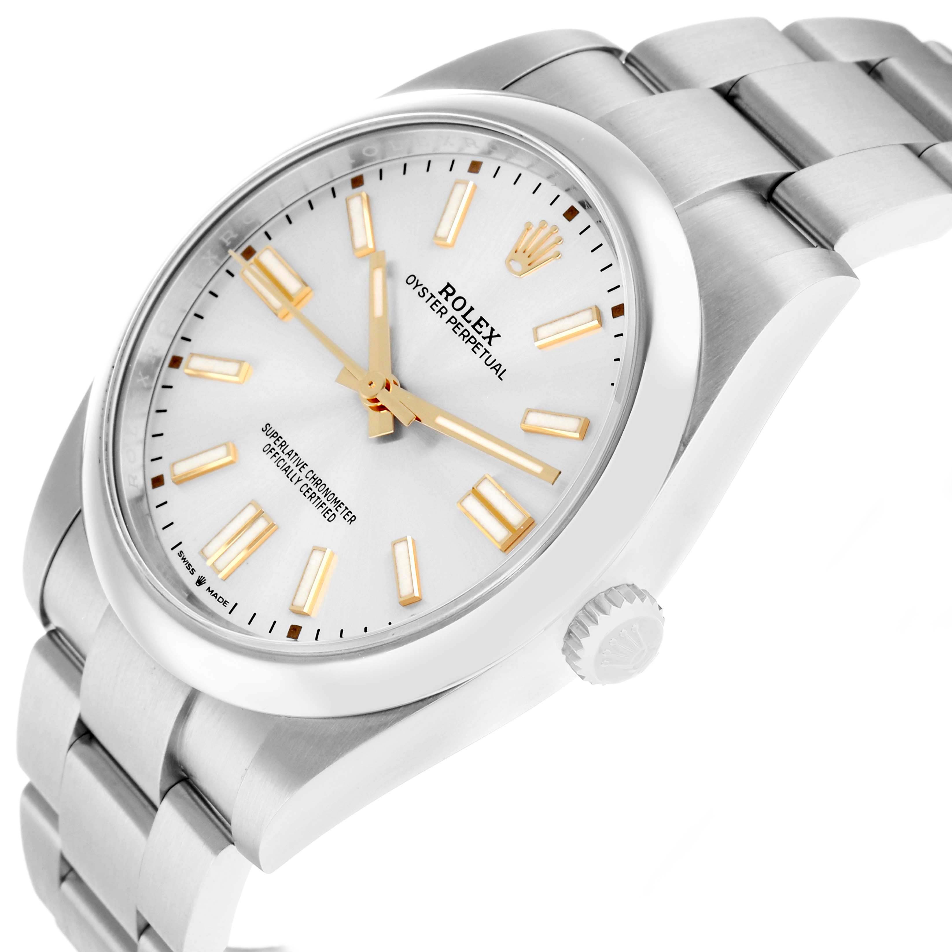 The Rolex Oyster Perpetual 124300 Men
s Stainless Steel Silver Dial watch is shown at a slight angle emphasizing the dial, case, bracelet, and crown.