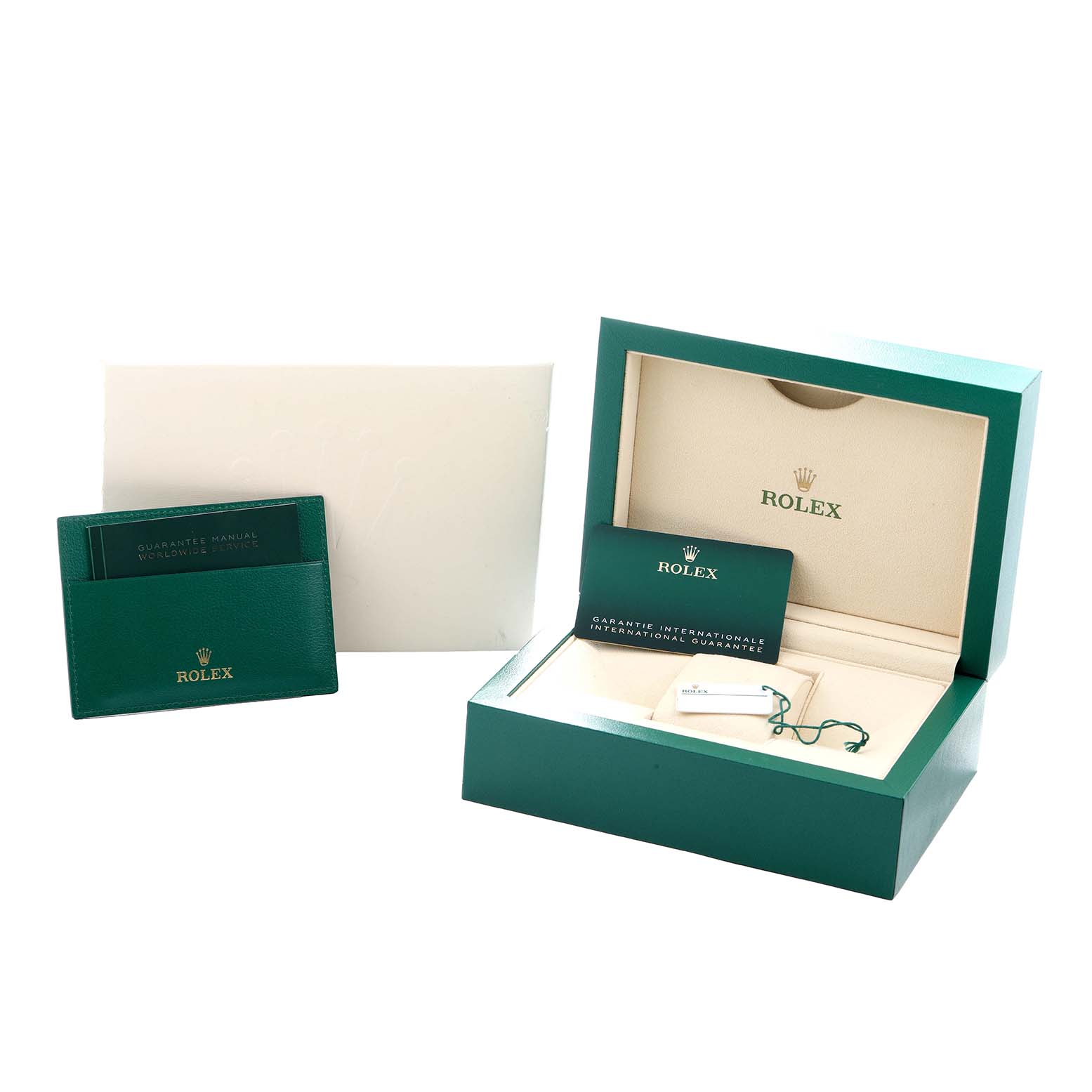 The image shows a Rolex Oyster Perpetual 124300 Men
s Stainless Steel Silver Dial watch box, holder, and documentation at a front angle.