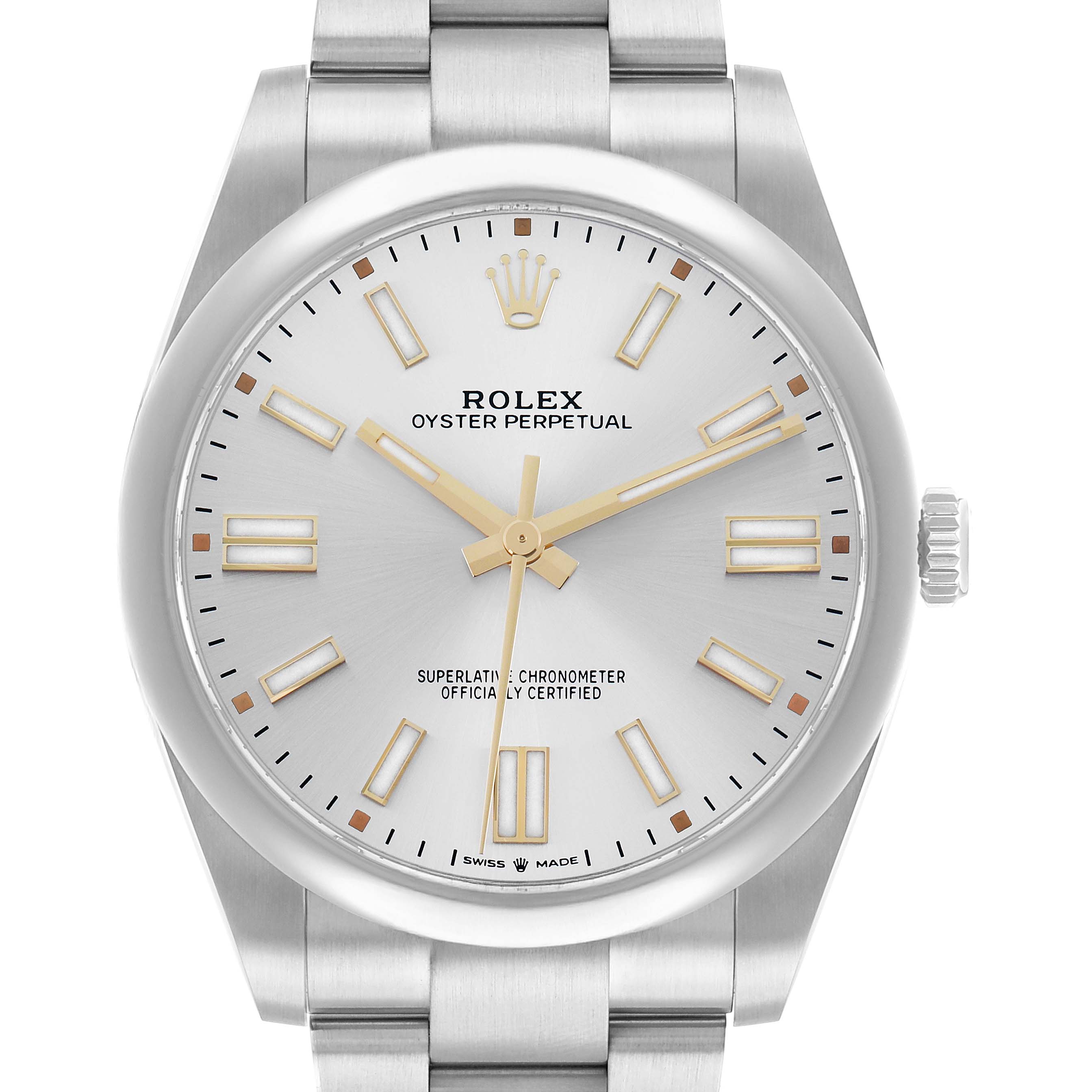 The image shows a front angle of a Rolex Oyster Perpetual 124300 Men
s Stainless Steel Silver Dial watch, featuring the dial, bezel, and part of the bracelet.