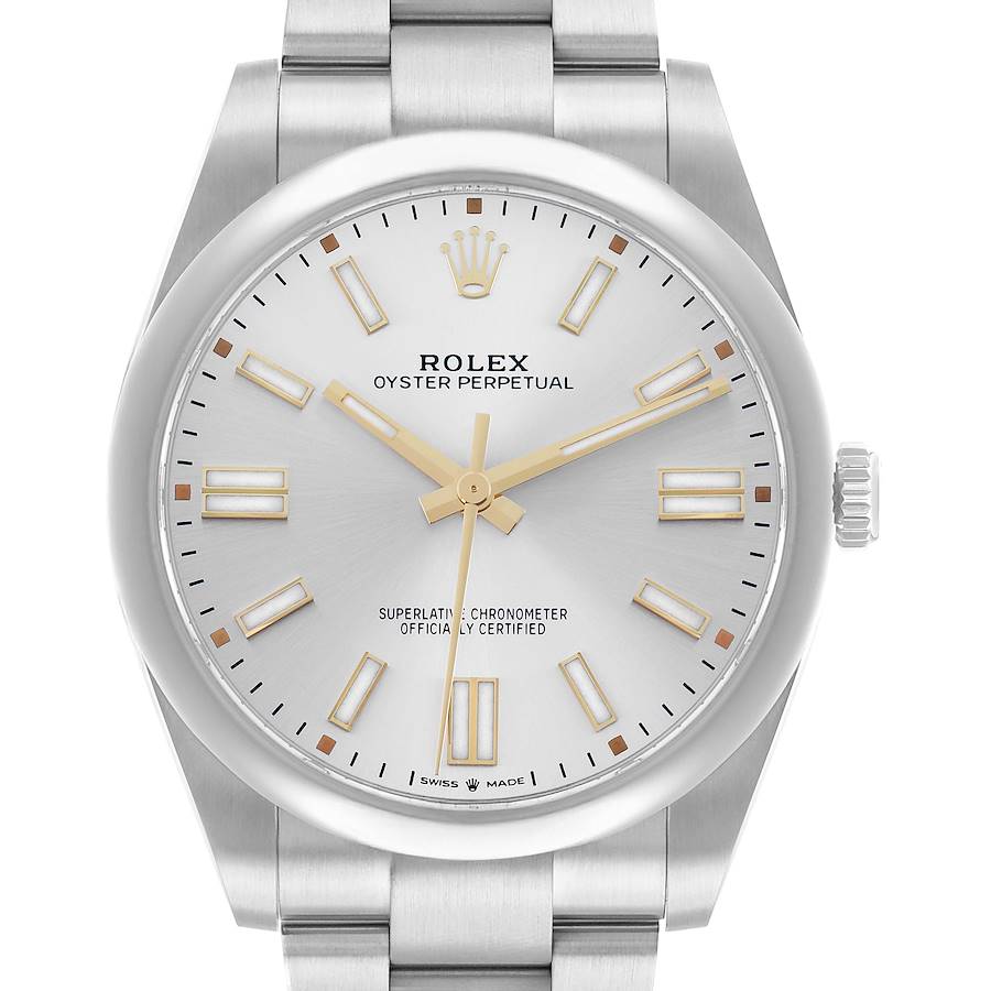 The image shows a front angle of a Rolex Oyster Perpetual 124300 Men's Stainless Steel Silver Dial watch, featuring the dial, bezel, and part of the bracelet.