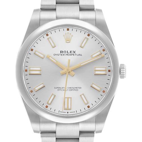 The Rolex Oyster Perpetual 124300 Men's Stainless Steel Silver Dial watch is shown from the front, highlighting its face, dial, bezel, and part of the bracelet.