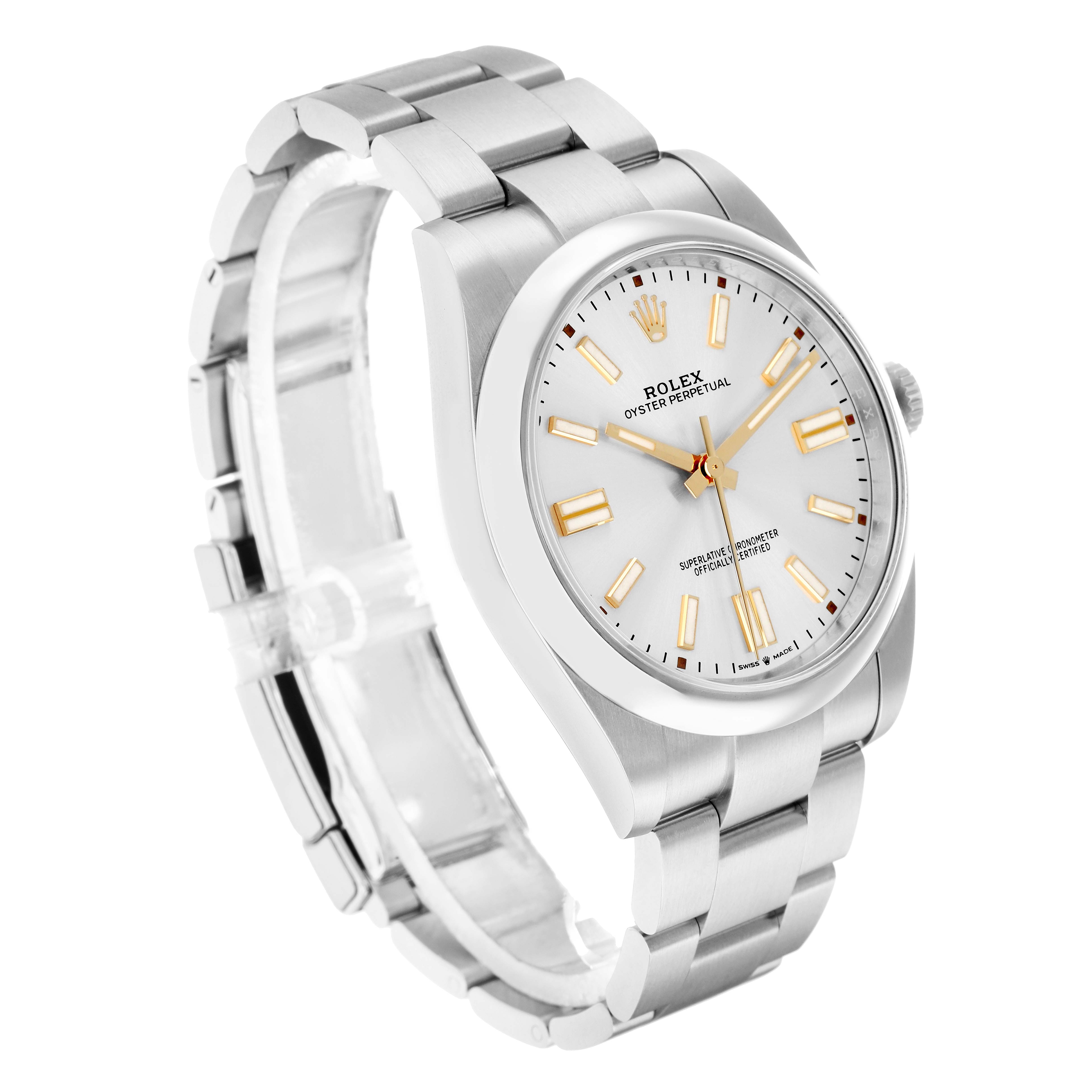 The Rolex Oyster Perpetual 124300 Men
s Stainless Steel Silver Dial watch is shown at a three-quarter angle, highlighting its face, bezel, crown, and bracelet.