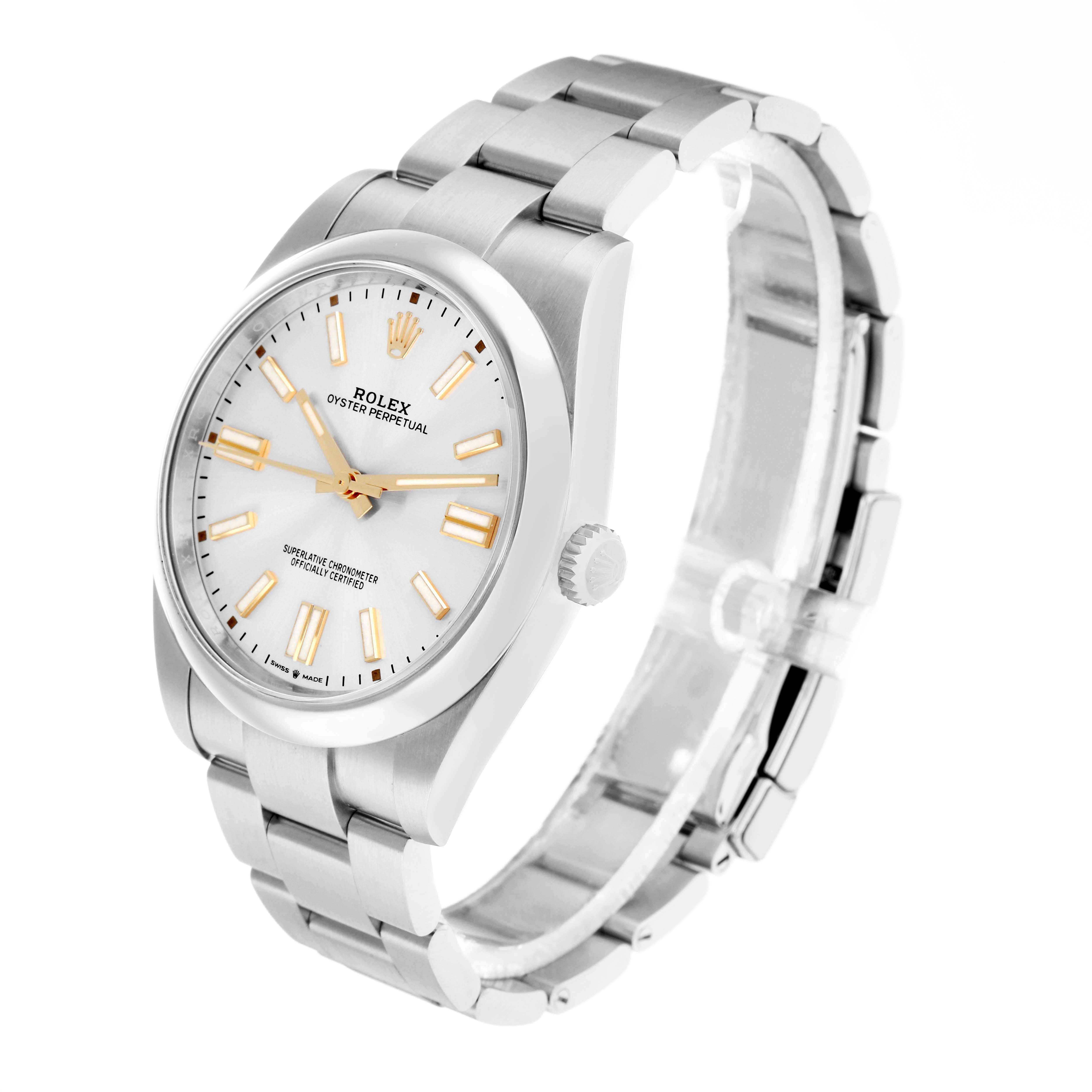 The Rolex Oyster Perpetual 124300 Men
s Stainless Steel Silver Dial watch is shown at a three-quarter angle, highlighting the face, bezel, crown, and bracelet links.