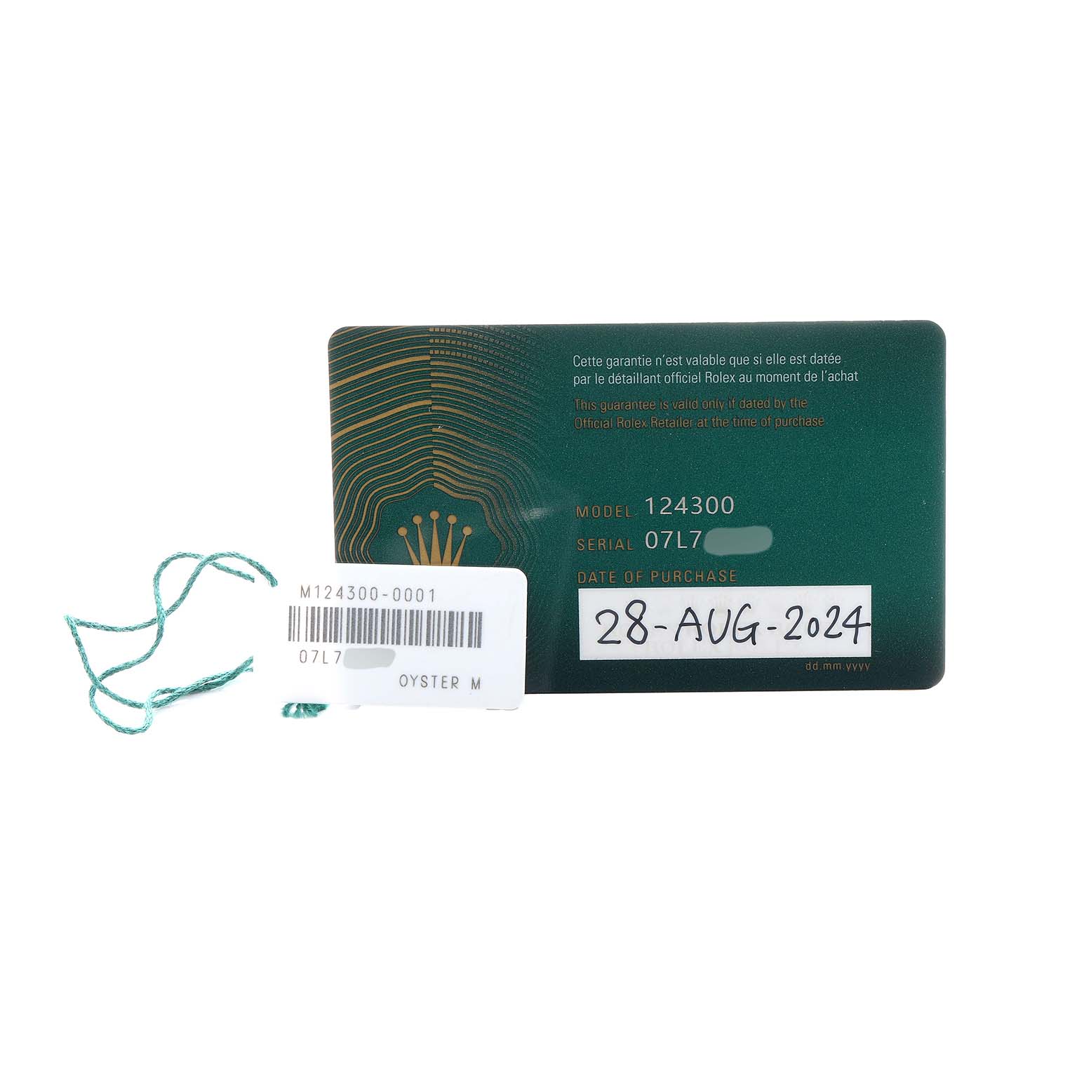 The image shows a Rolex Oyster Perpetual 124300 Men
s Stainless Steel Silver Dial warranty card with a serial number and date of purchase, alongside a tag with model information.