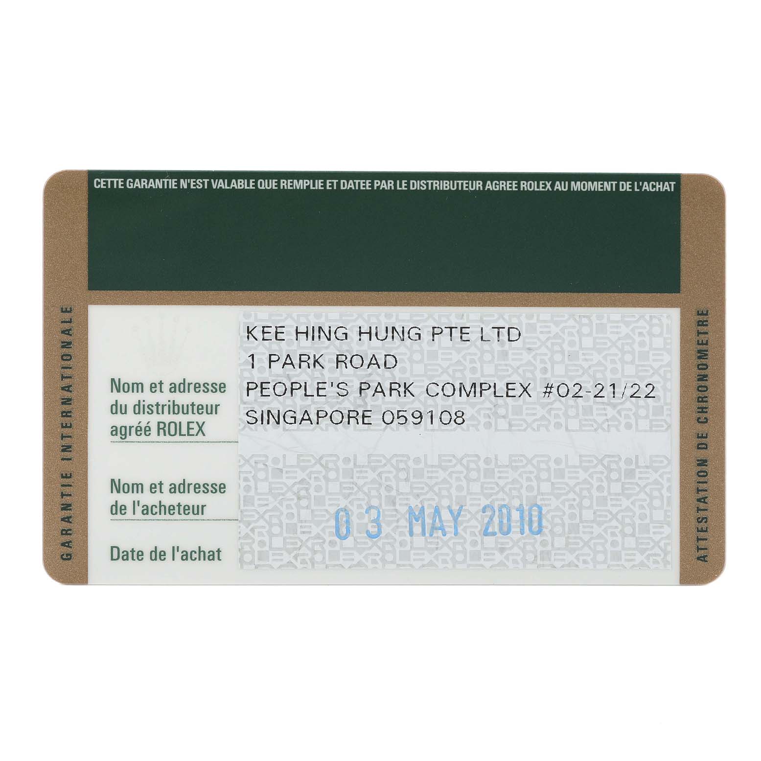 This image shows the warranty card for the Rolex Oyster Perpetual 176200 Women's Stainless Steel White Dial 176200 Women's Stainless Steel White Dial model, including dealer information and purchase date. 