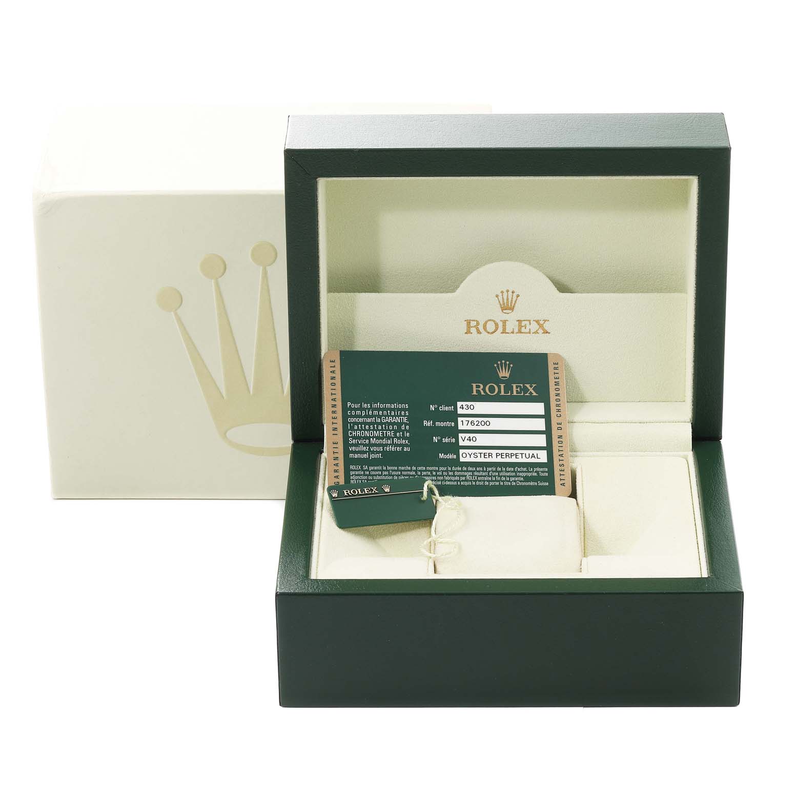 The image shows a Rolex Oyster Perpetual 176200 Women's Stainless Steel White Dial 176200 Women's Stainless Steel White Dial box, an authenticity card, and a white pillow for the watch.