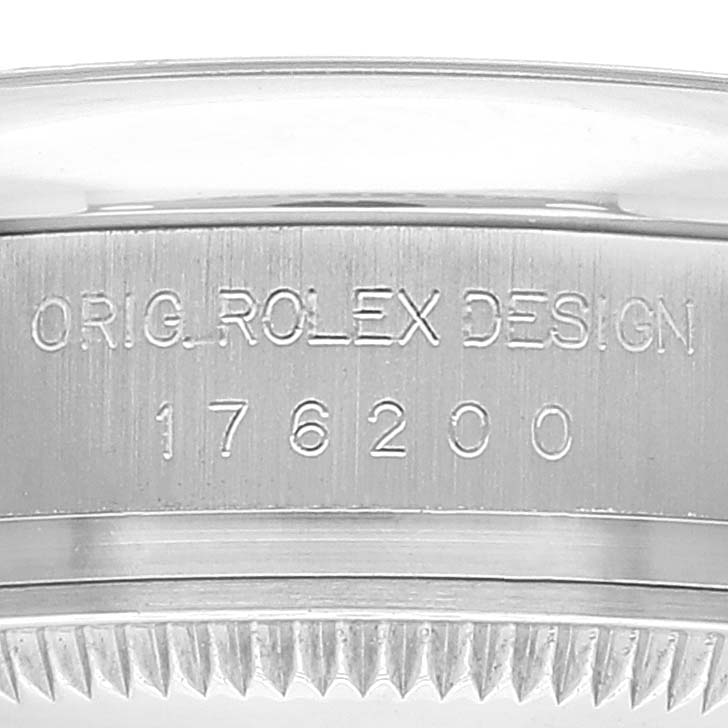 This image shows a close-up angle of the model number engraving on the side of a Rolex Oyster Perpetual 176200 Women's Stainless Steel White Dial 176200 Women's Stainless Steel White Dial watch case.