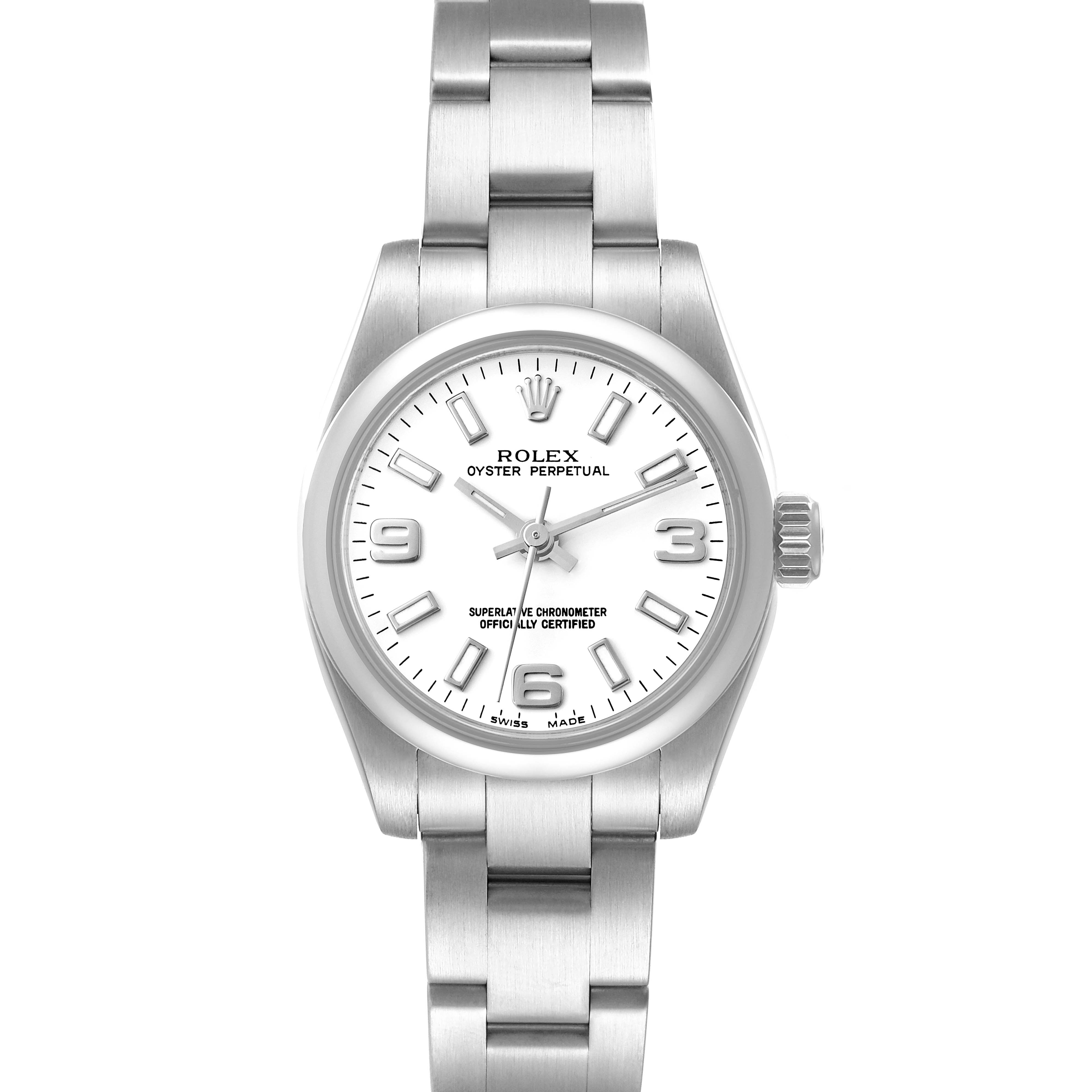 The Rolex Oyster Perpetual 176200 Women's Stainless Steel White Dial 176200 Women's Stainless Steel White Dial watch is shown from the front, displaying the face, bezel, crown, and bracelet.