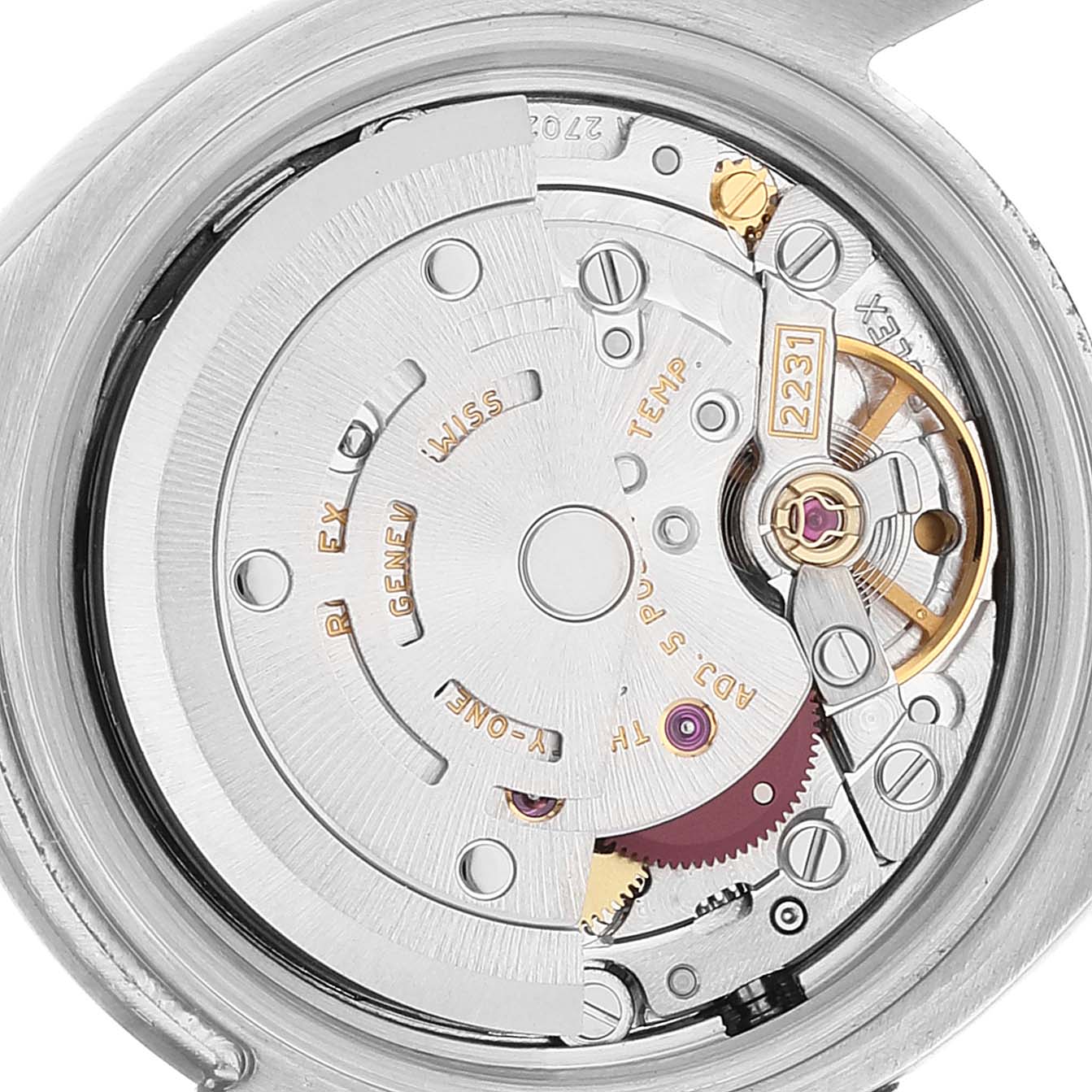 This image shows the internal mechanical components and intricate movement of a Rolex Oyster Perpetual 176200 Women's Stainless Steel White Dial 176200 Women's Stainless Steel White Dial watch.