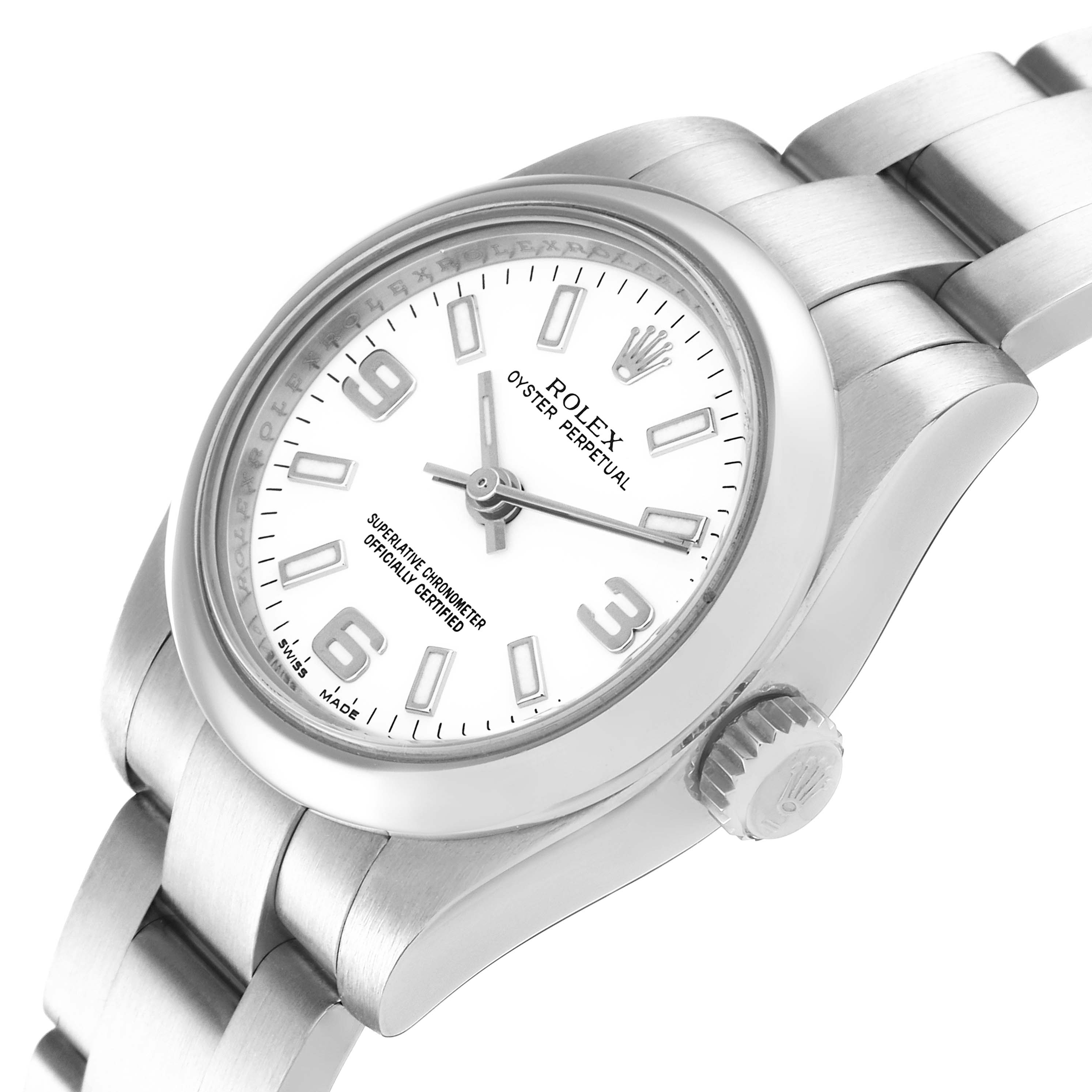 The Rolex Oyster Perpetual 176200 Women's Stainless Steel White Dial 176200 Women's Stainless Steel White Dial watch is shown at an angled close-up, highlighting the dial, bezel, crown, and part of the bracelet.