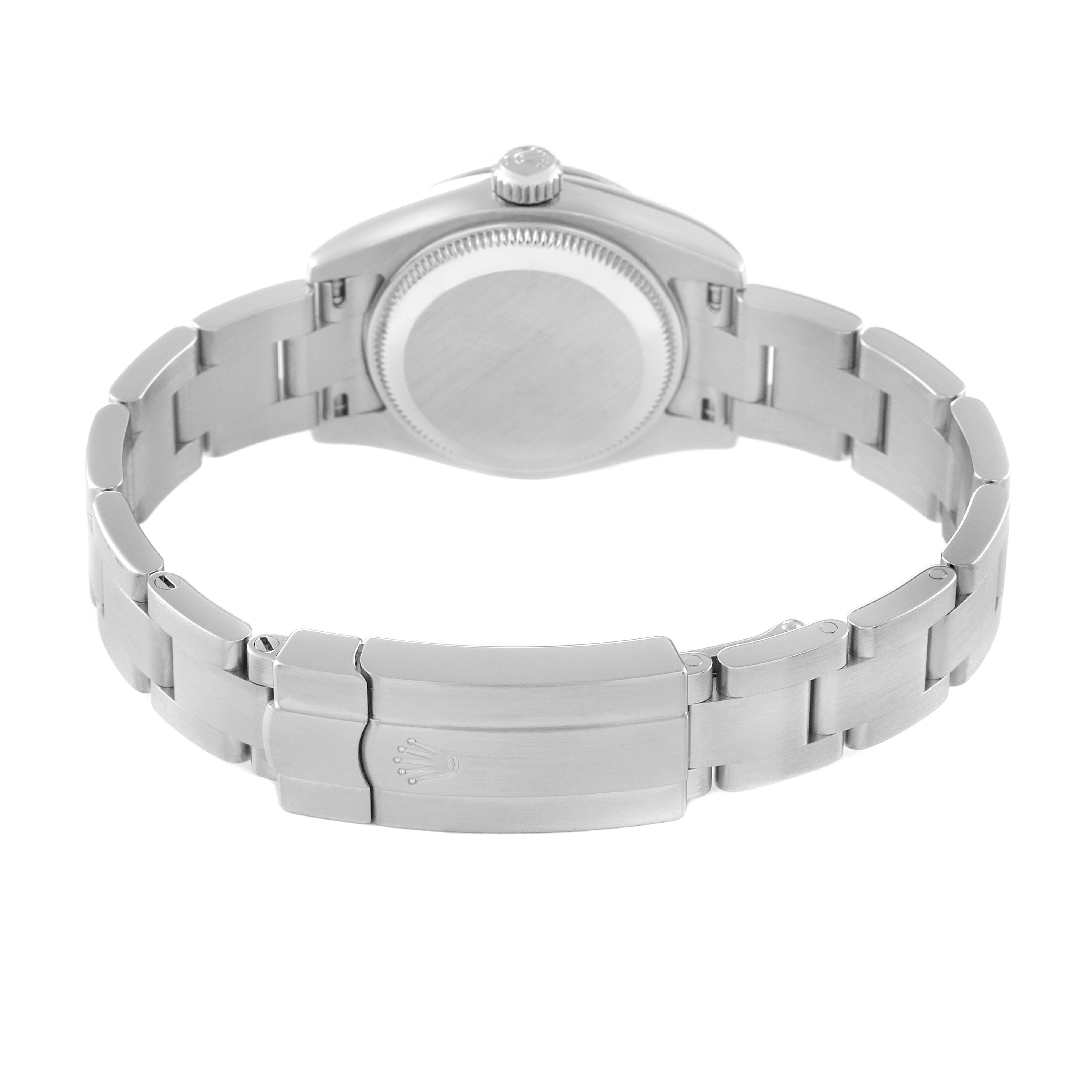 This image shows the back view of the Rolex Oyster Perpetual 176200 Women's Stainless Steel White Dial 176200 Women's Stainless Steel White Dial watch, highlighting the bracelet and clasp.